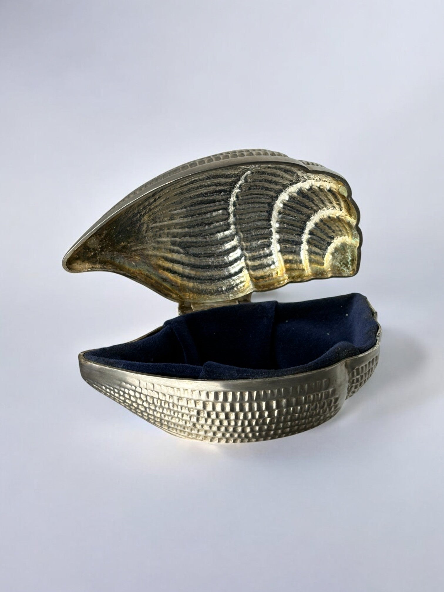 Shell Jewelry Box, Silver Plated, Italy, Circa 1970s — open view showing dark interior lining