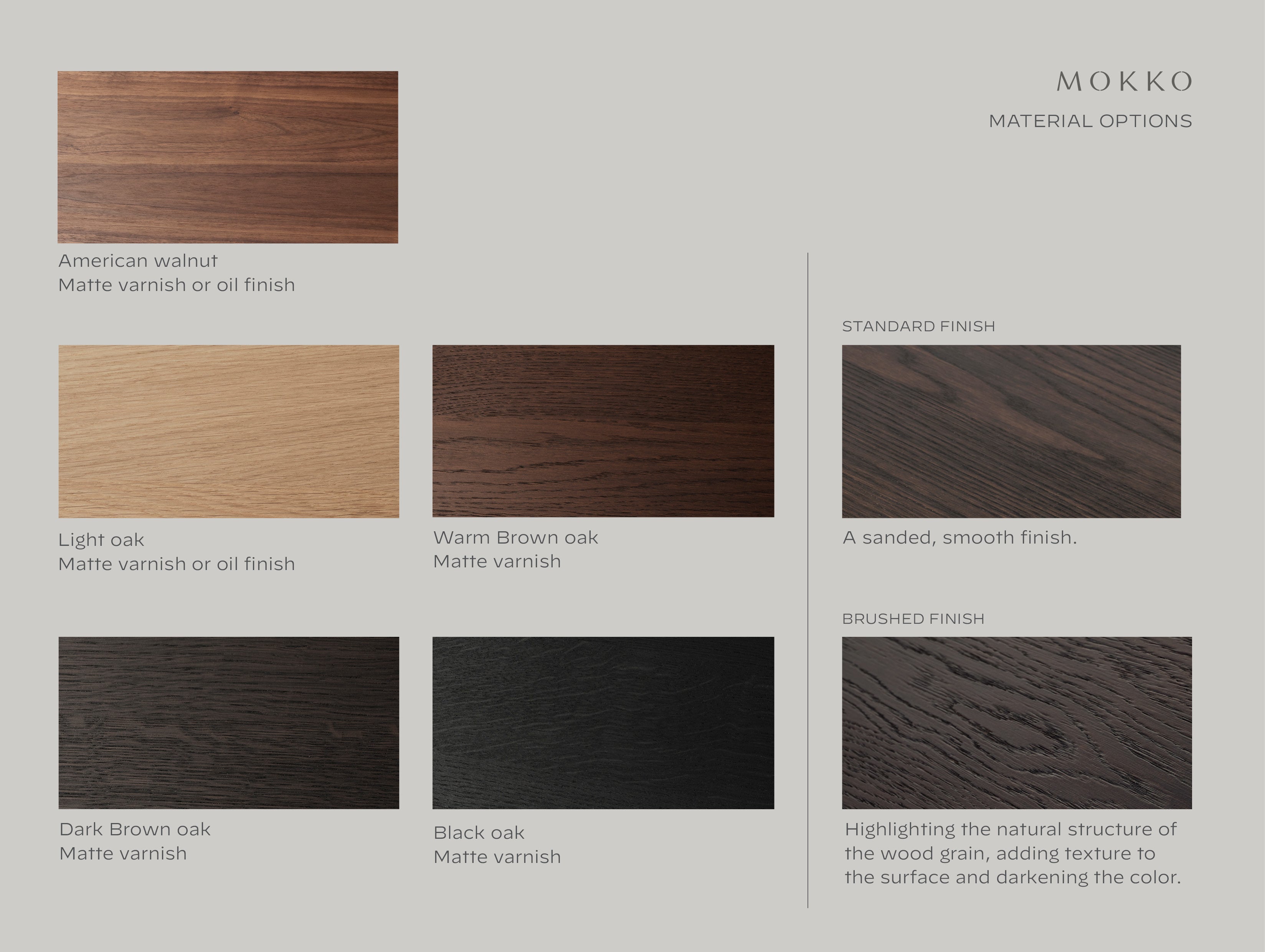 The Cadence Bench by Mokko features a material options chart displaying samples of American walnut, solid European oak, and multiple finishes, highlighting Mokko’s craftsmanship and customization possibilities.