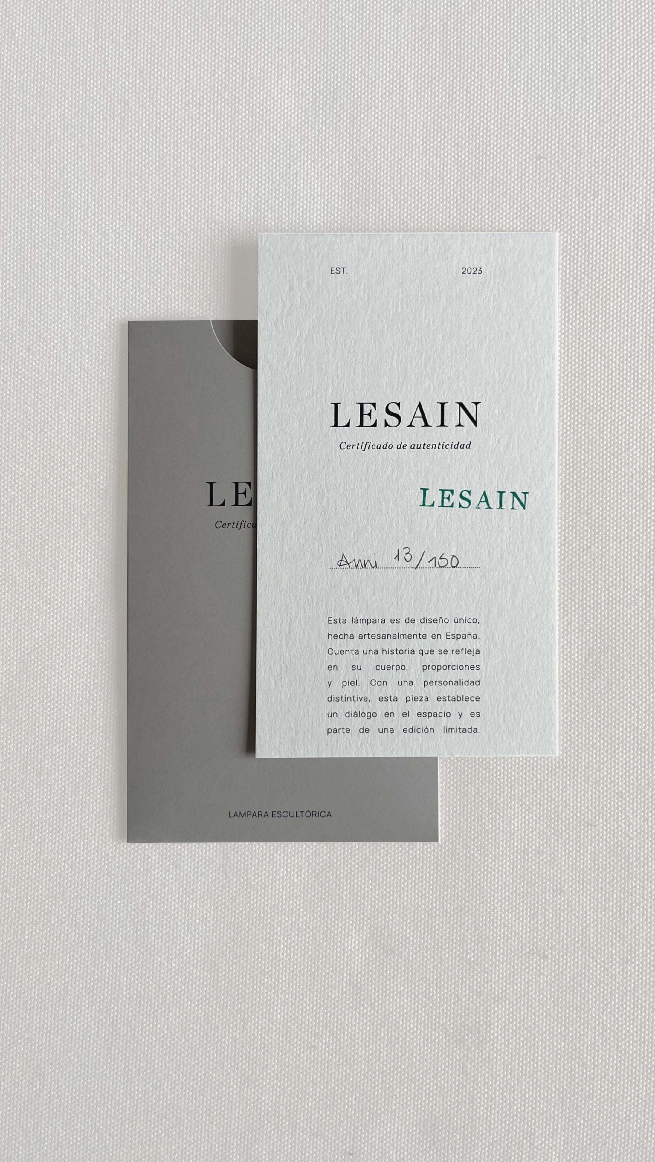 Anni Lamp — detail of authenticity certificate and packaging