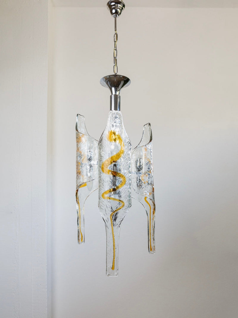 Vintage Murano Glass Chandelier by Toni Zuccheri for Mazzega — close-up of clear glass with amber accents