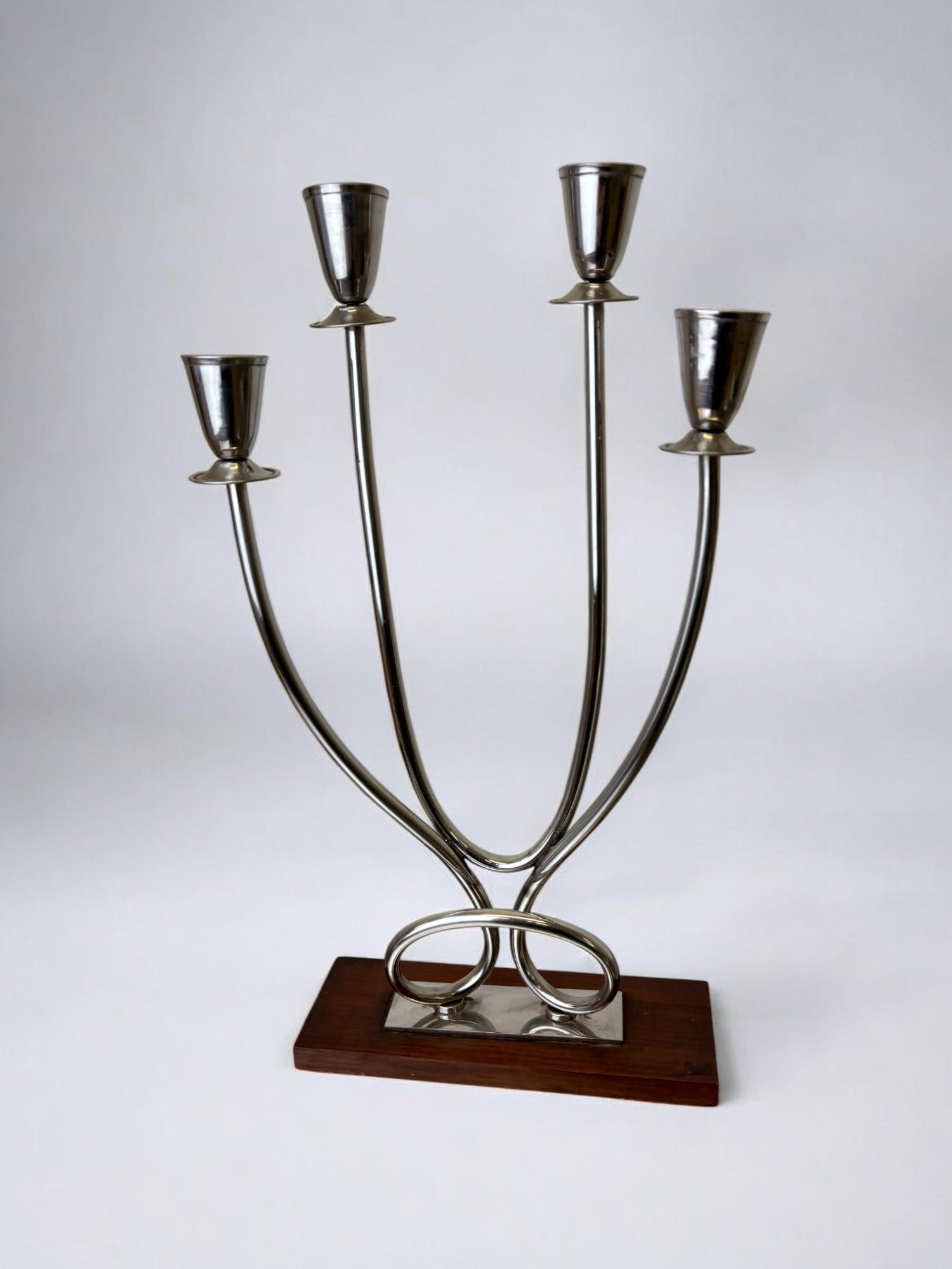 Art deco candlestick in stainless steel and rosewood, 4 flames, Spain, 1970's — detail view