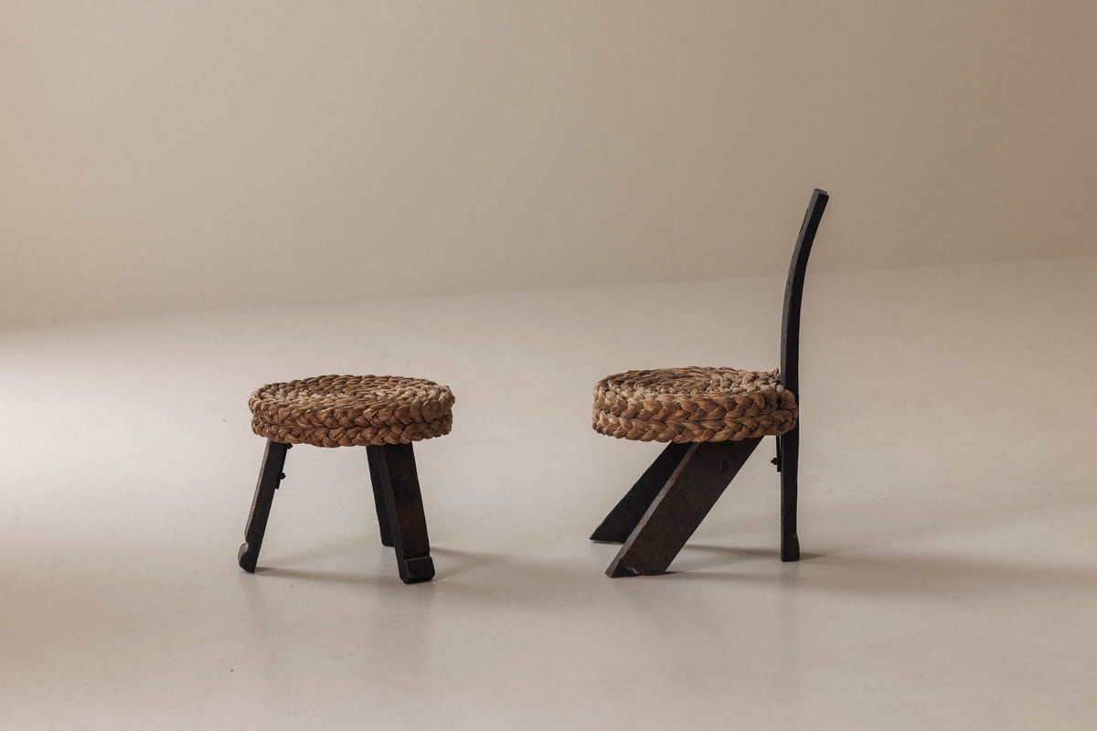 Rare Chair and Matching Stool by Adrien Audoux and Frida Minet, France 1950s — side angle