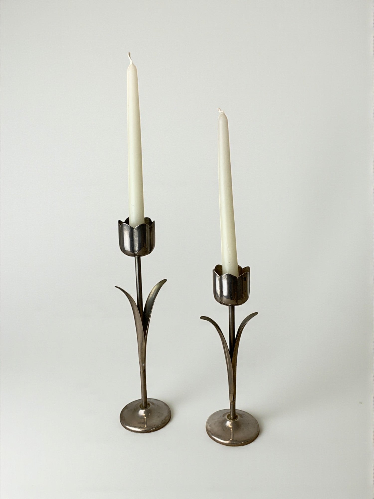 Pair of Chromed Tulip Candleholders, 1970's, Italy by Malamar Studio | The Oblist — chrome finish, vintage design