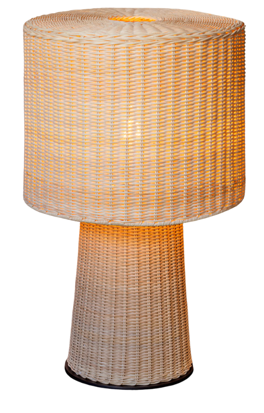 Eolie woven rattan table lamp with cylindrical shade illuminated