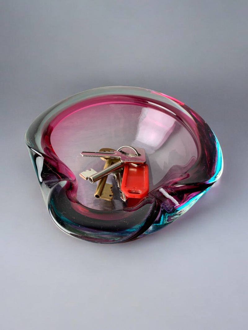 Sommerso Bowl by Seguso, Murano Glass, Italy, 1970's — close-up showing vibrant pink and blue glass with keys