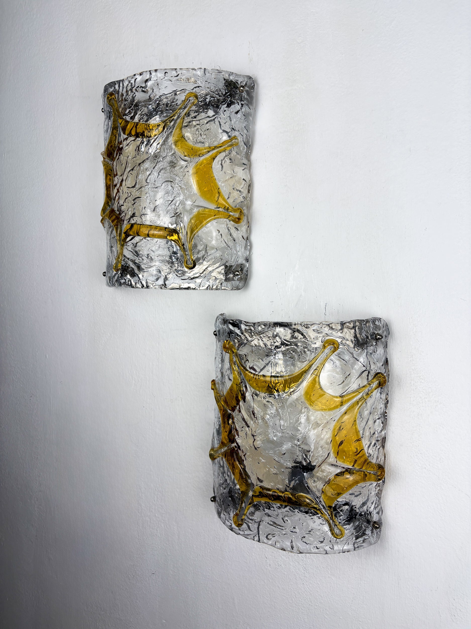 Pair of Mazzega Murano Wall Lights, Orange Frosted Textured Glass, Italy, 1970s — side angle