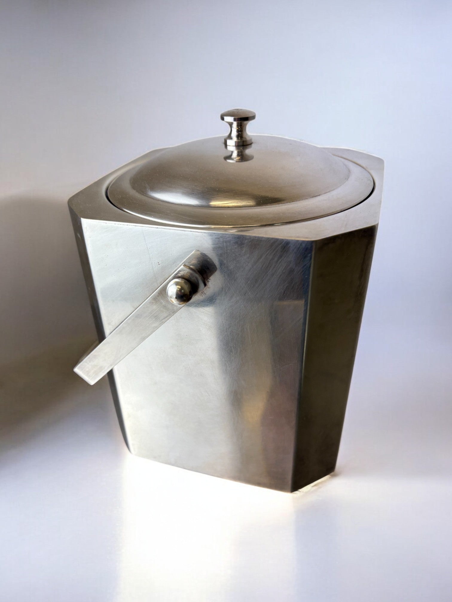 Romeo Rega Chromed Ice Bucket with tongs, Italy, 1970's — side angle