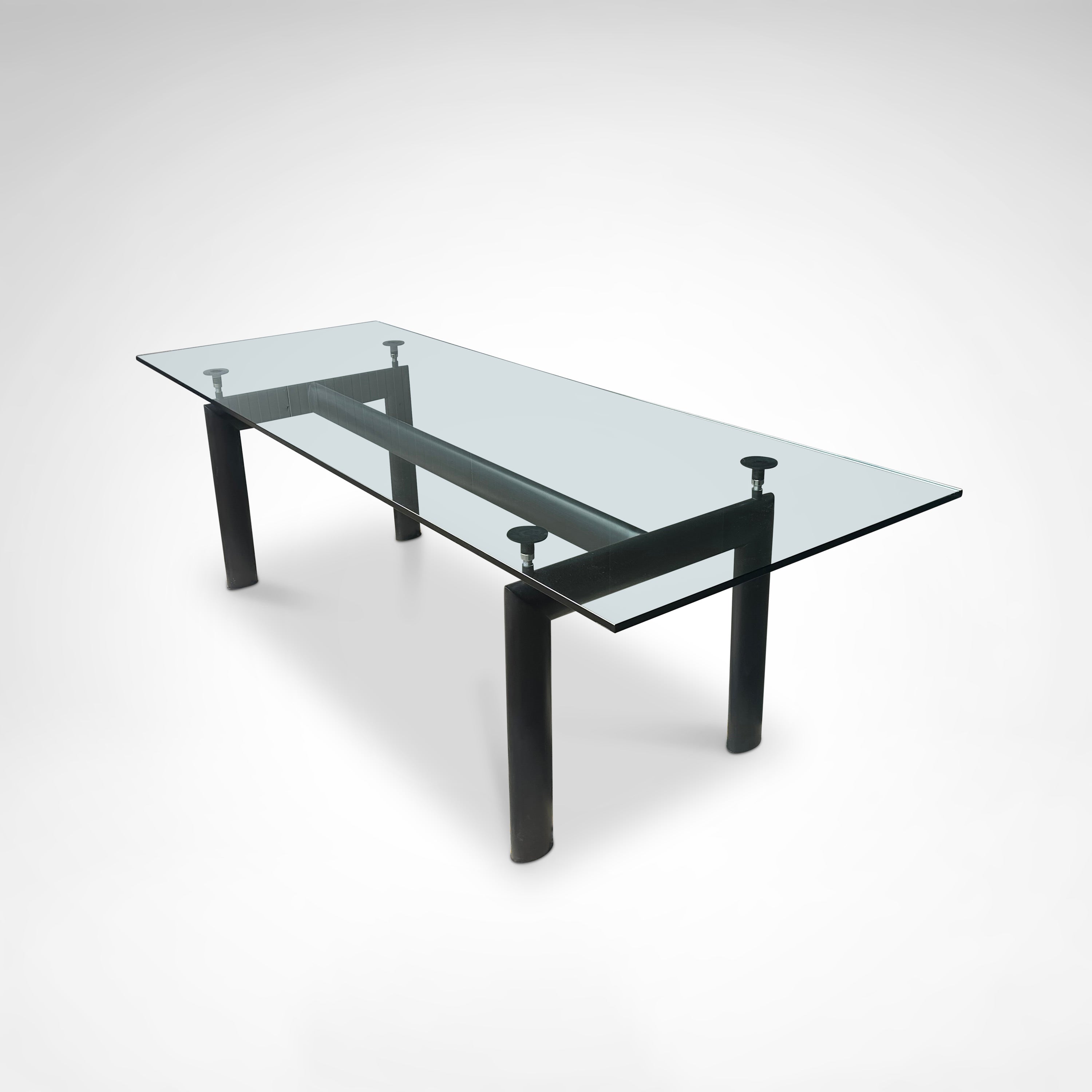 LC6 Dining Table by Le Corbusier et al. for Cassina 1990s — angled view with glass top and black legs