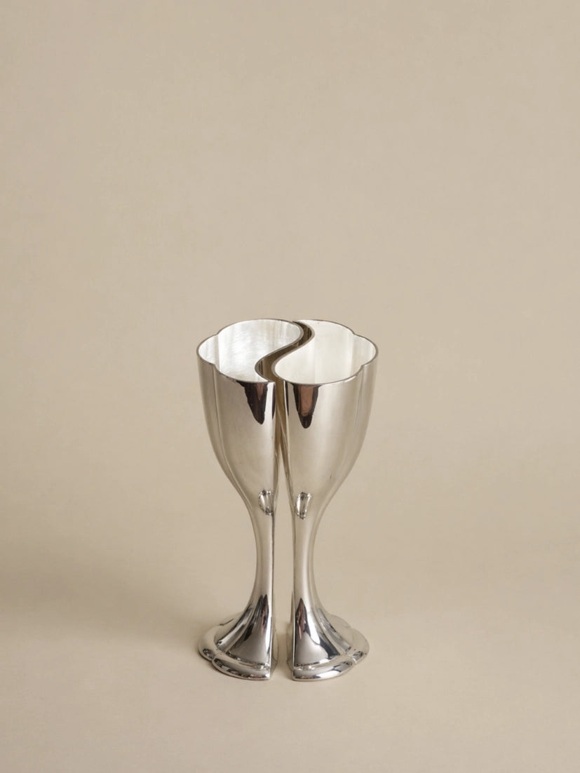 1990s Dutch Vintage Champagne Coupe & Flute in Glass and Silver-plated — side angle
