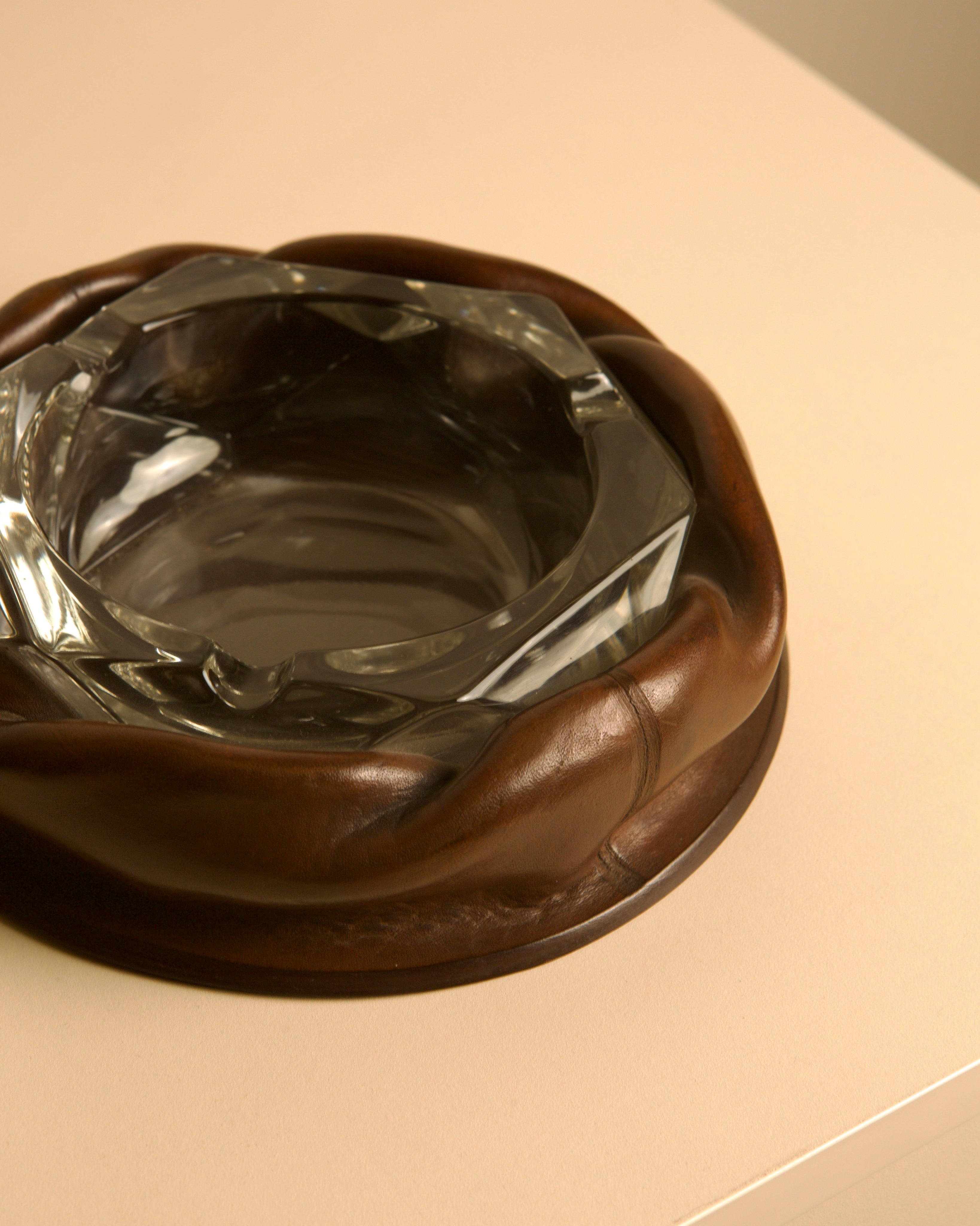 Italian Octagonal Glass Ashtray with Brown Leather Trim, 1960s — side angle showing glass and leather details