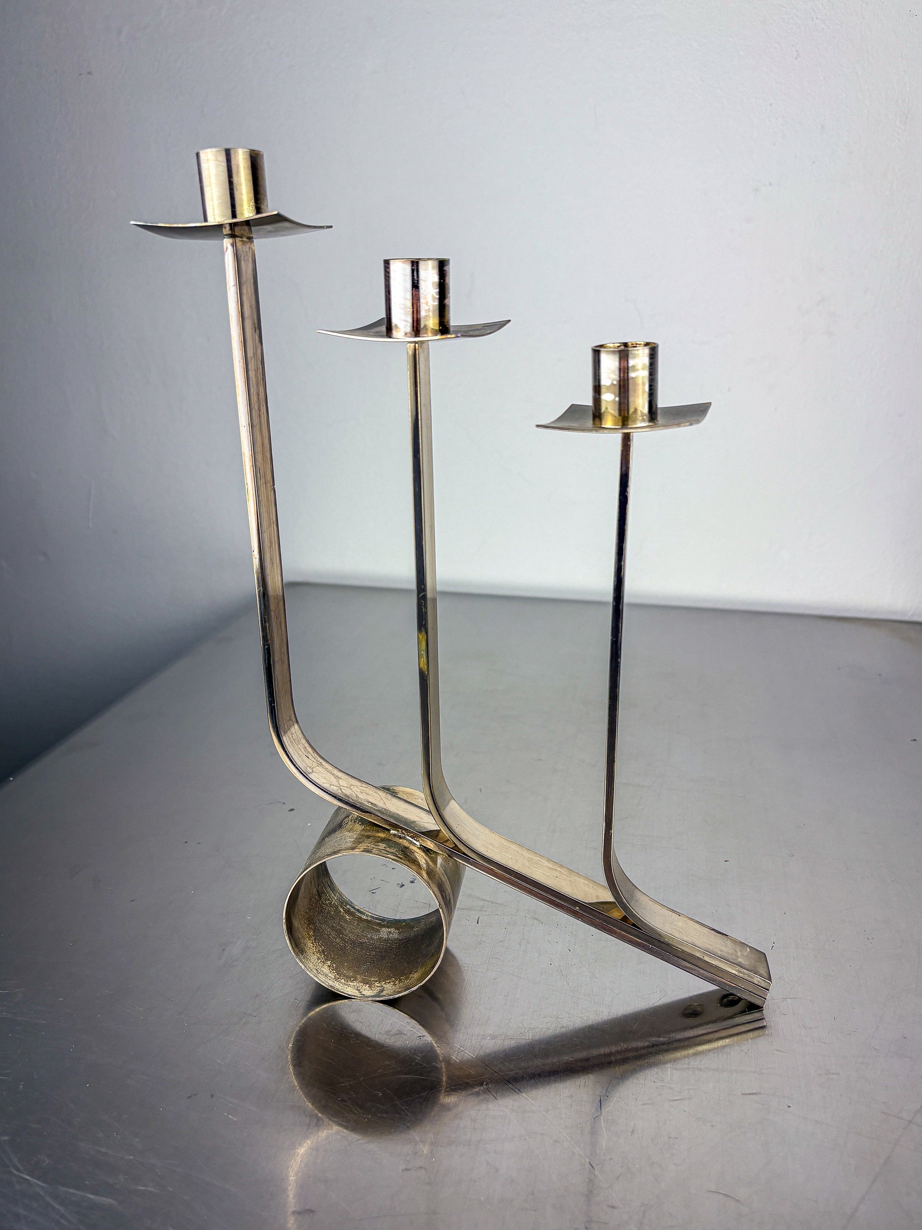 Art Deco 3-Flame Candelabra in Stainless Steel, France Circa 1970s — side angle