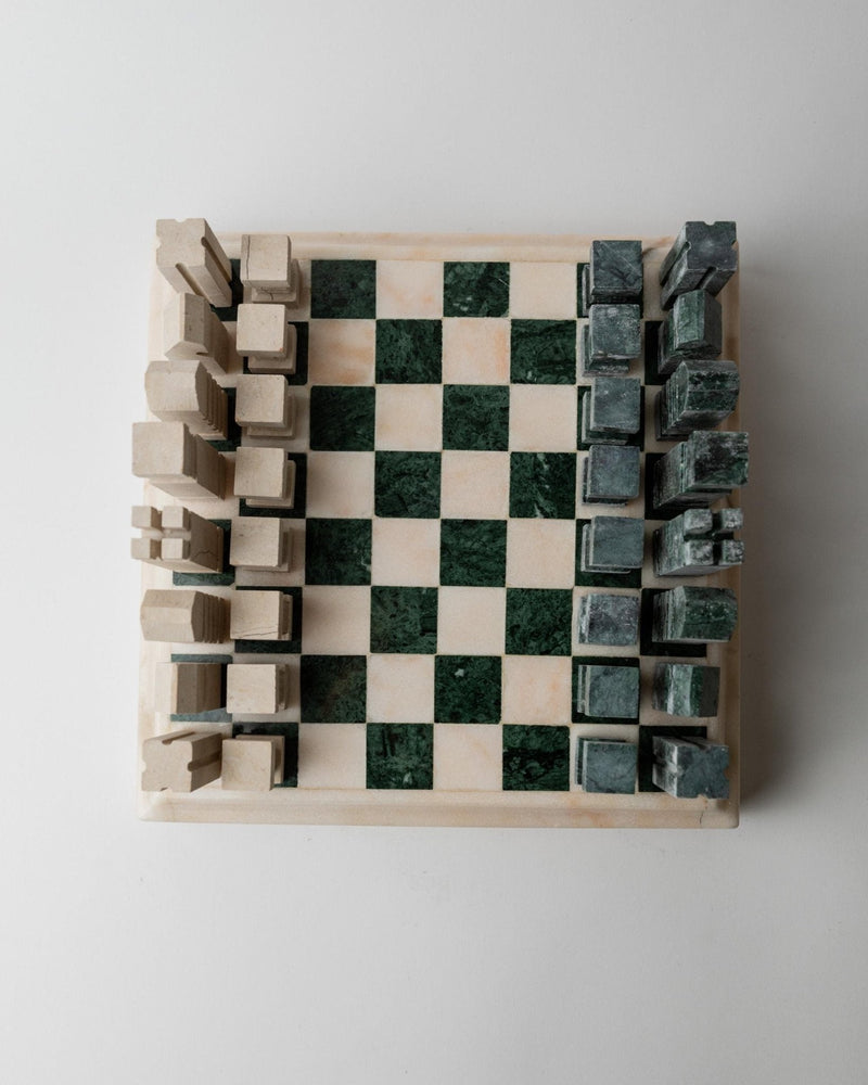Vintage 1970s Marble Chess Set, Green and Beige Stone Chess Board, Heavy Design, Geometric Chess Pieces, Sculptural Table Game,  Gift Idea — side angle