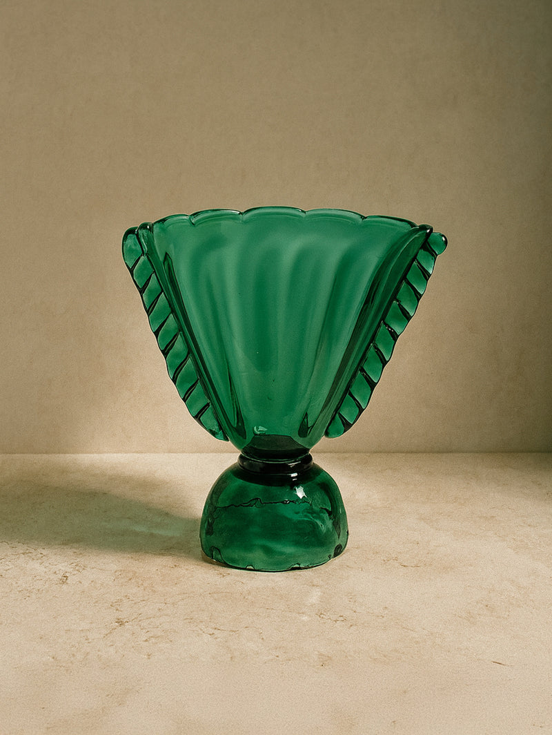 Emerald green glass amphora vase with ribbed handles from 1910s