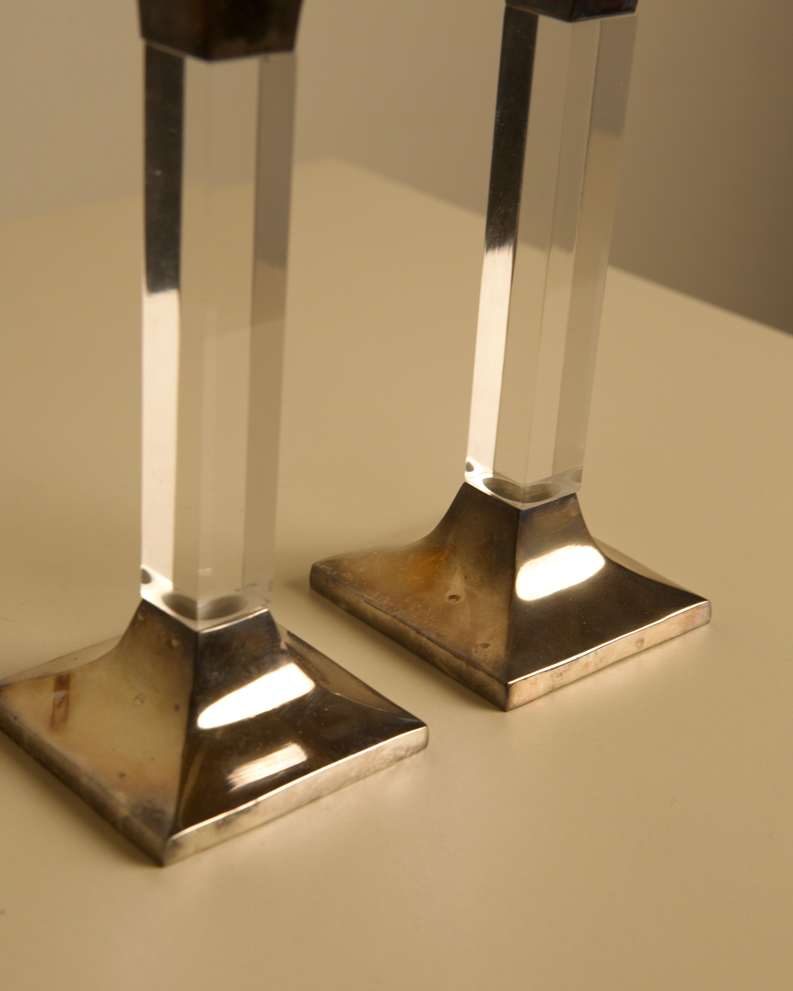 Pair of Italian Lucite and Silver Candleholders, 1960s