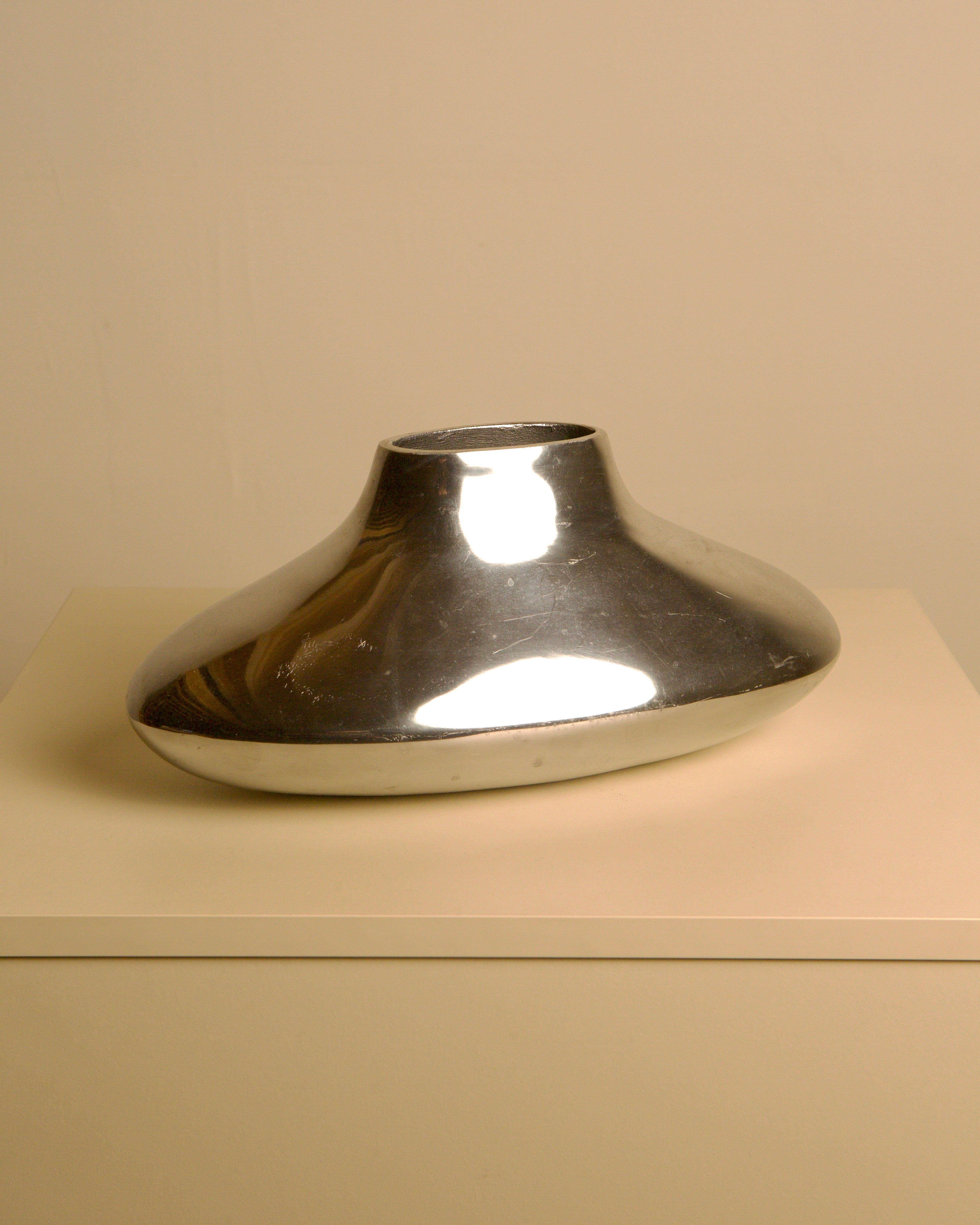 Plat Vase in Cast Aluminum 80's by Treaptyque | The Oblist — shiny metallic finish