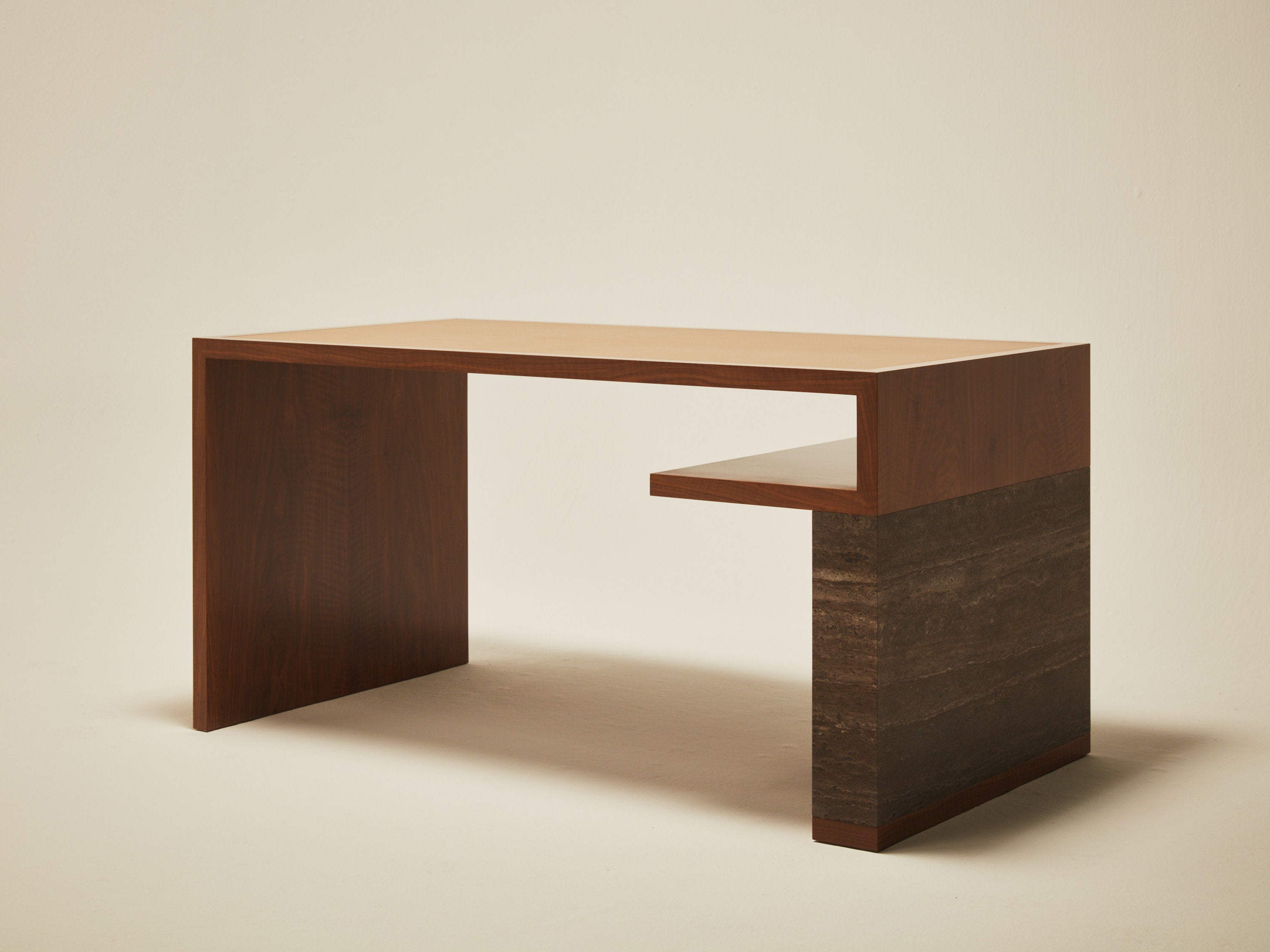 'Continuous' Desk Handcrafted in Wood Veneer With a Lether Tabletop & Travertine Leg — close-up