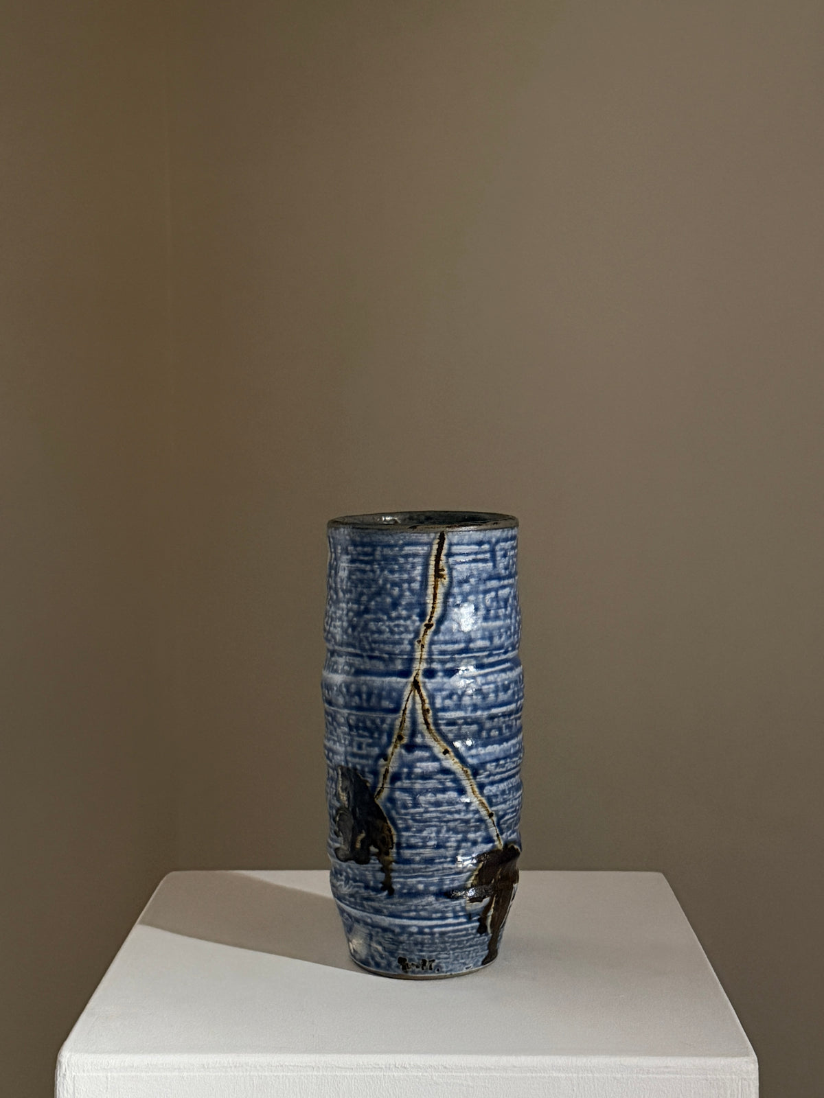 Blue stoneware vase, France, 1970 — side angle