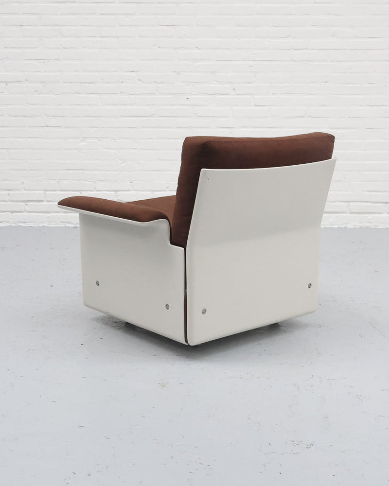 Dieter Rams 620 armchair rear angle view white fiberglass brown leather