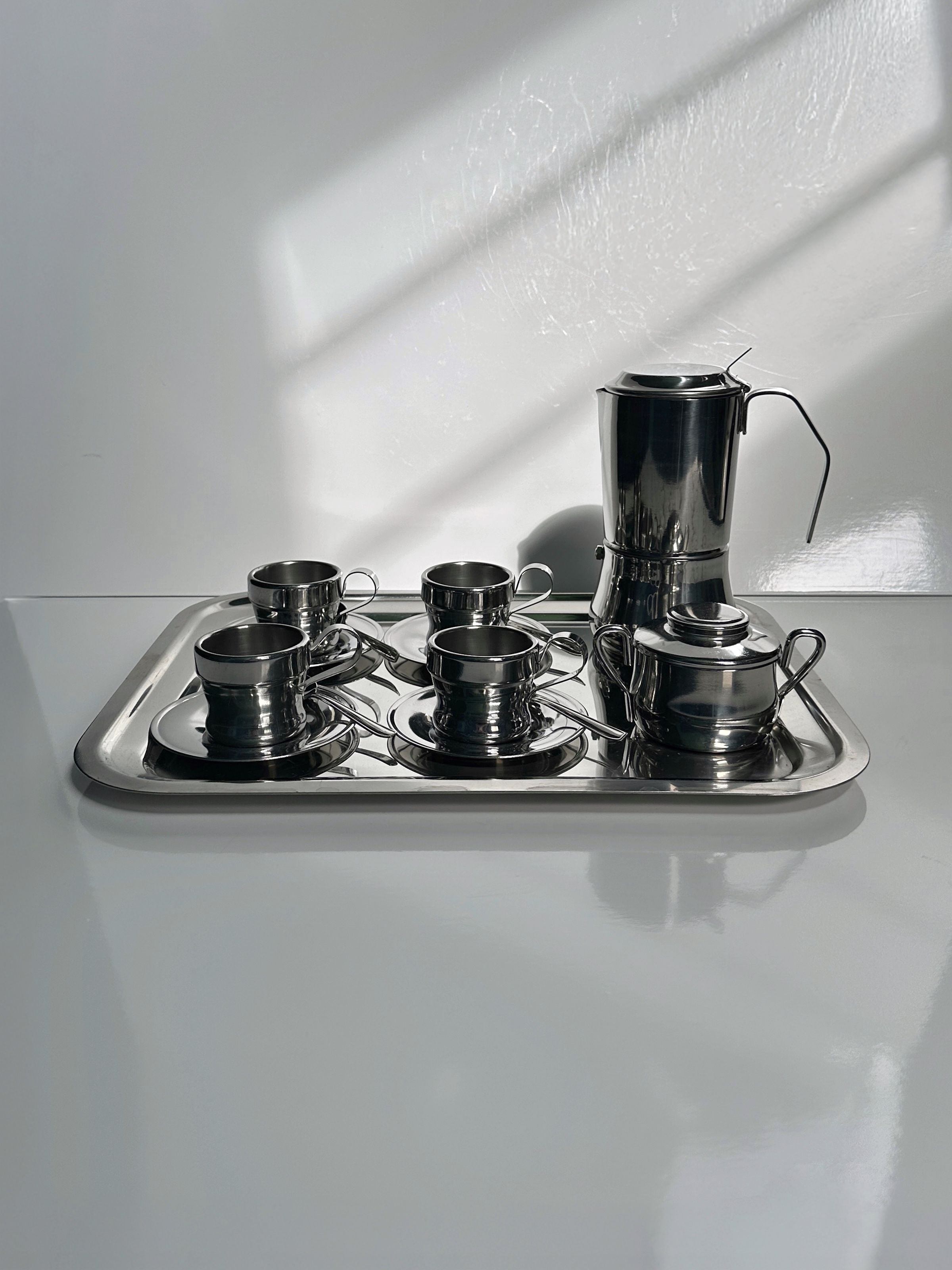 Italian Stainless Steel Coffee Set for 12 Persons by Dodo Vintage | The Oblist — polished silver finish