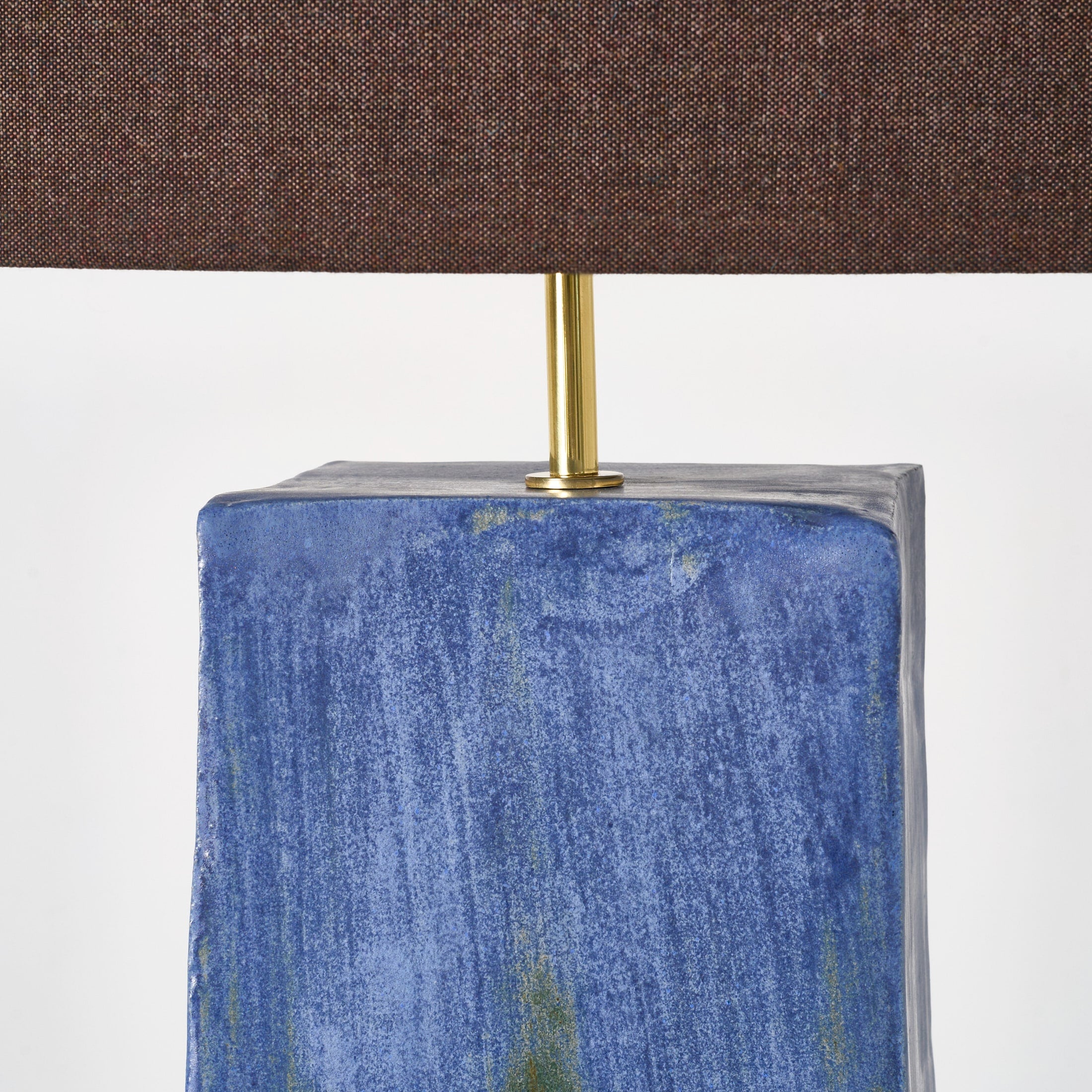 Rectangular Ceramic Lamp — close-up of blue ceramic base with brown shade
