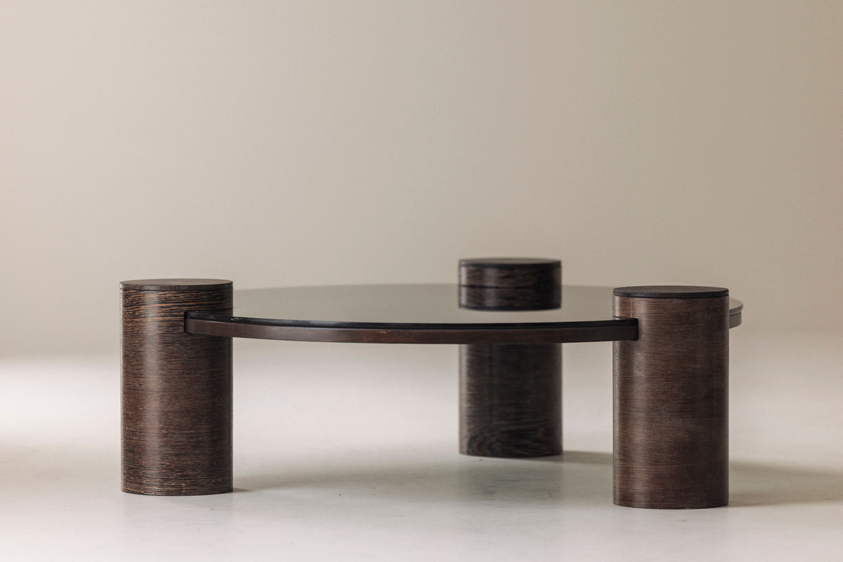 Sculptural Brutalist Wengé and Smoked Glass Round Coffee Table, 1970s — view 9