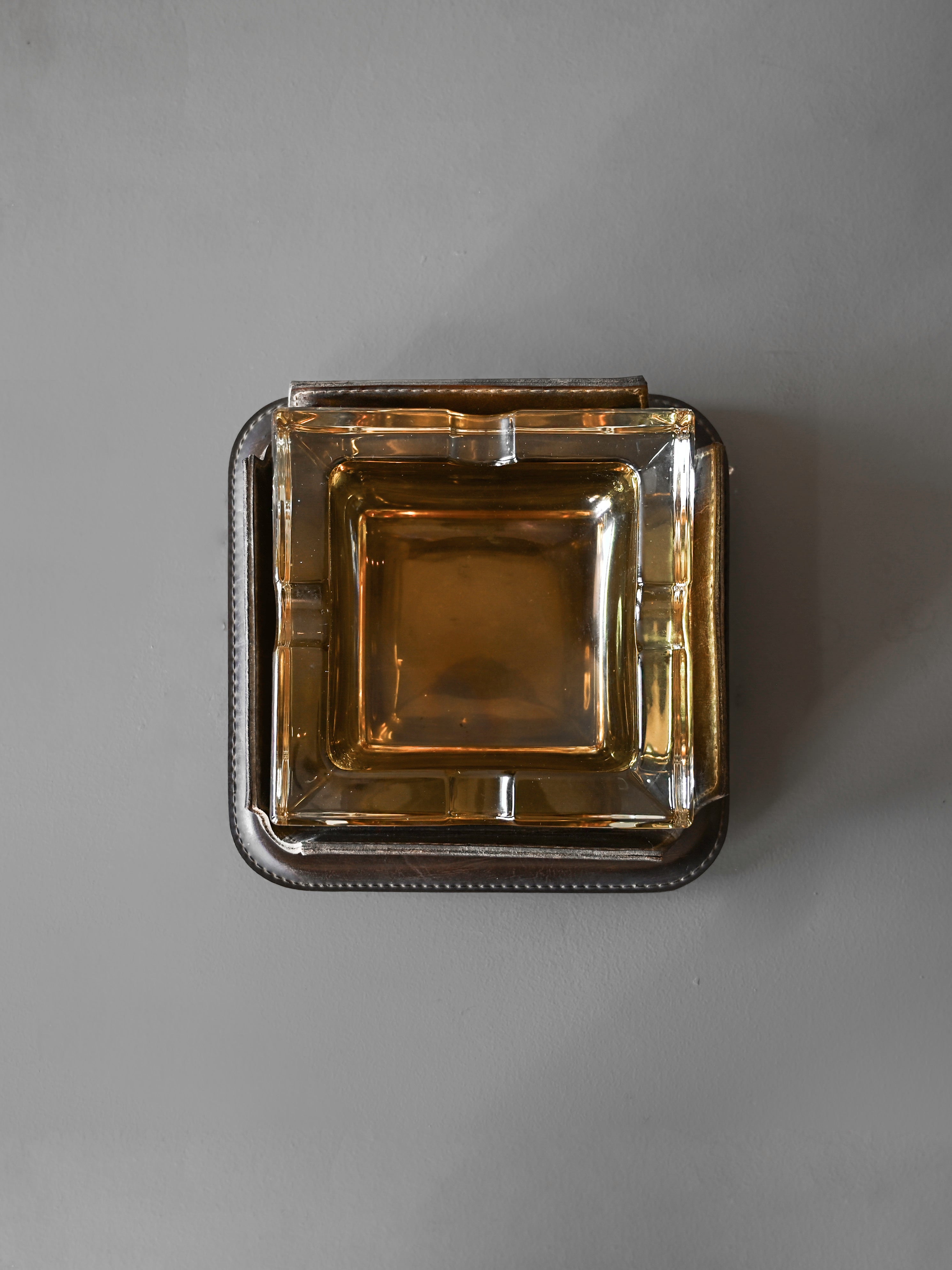 Cast-Glass and Leather Ashtray attributed to Jacques Adnet — side angle