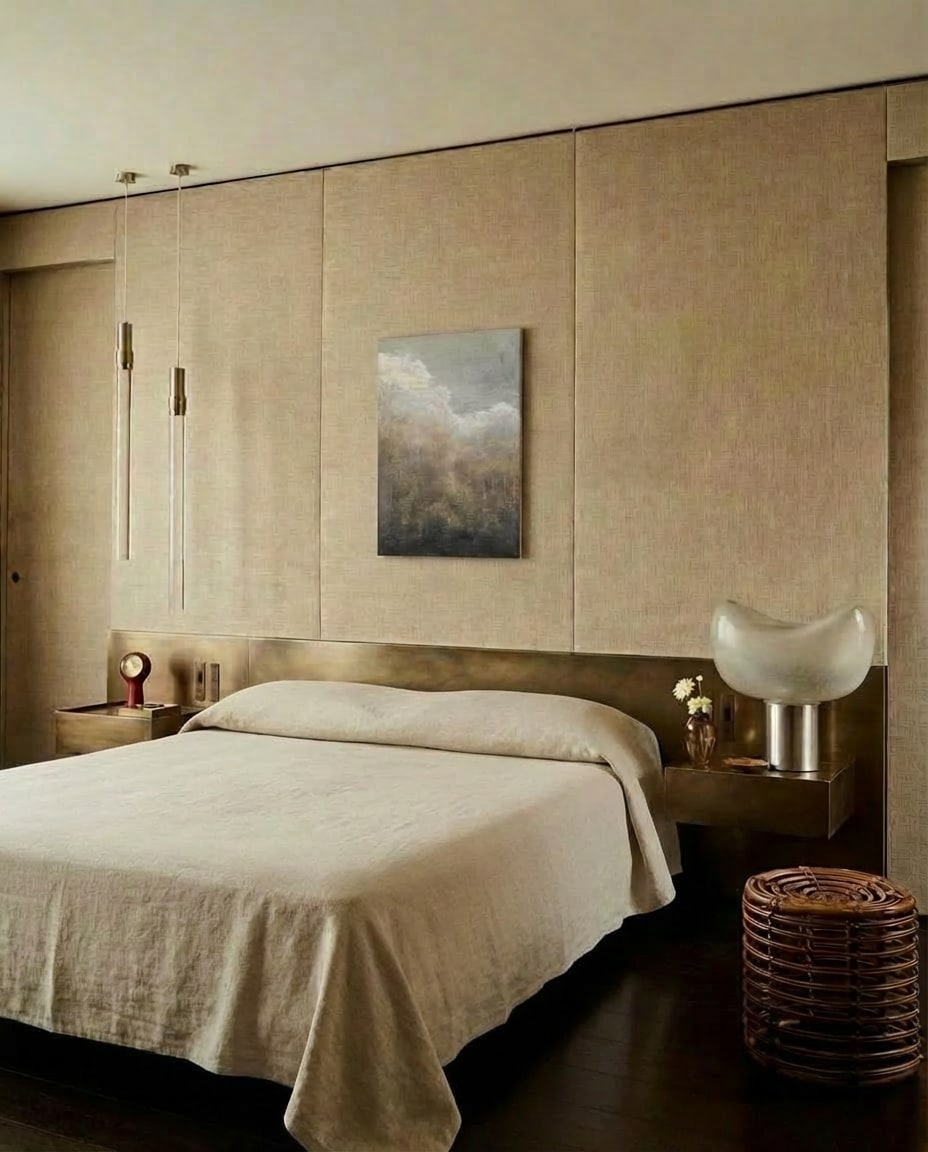 Painting on Canvas, Lime Paint and Oil "above" (40x50cm) — displayed above bed in modern bedroom setting