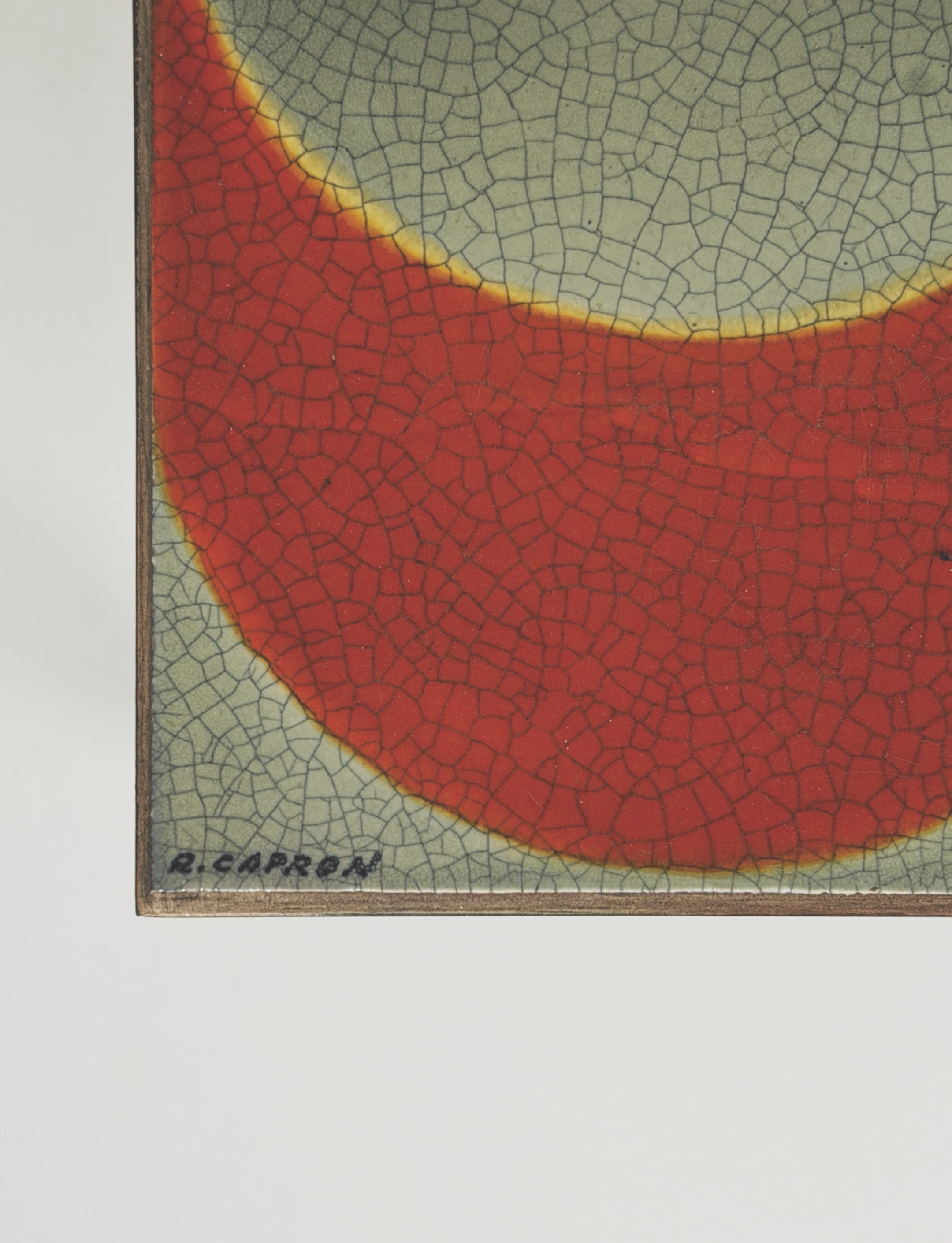 Rare Ceramic Table by Roger Capron — close-up of red and green ceramic surface