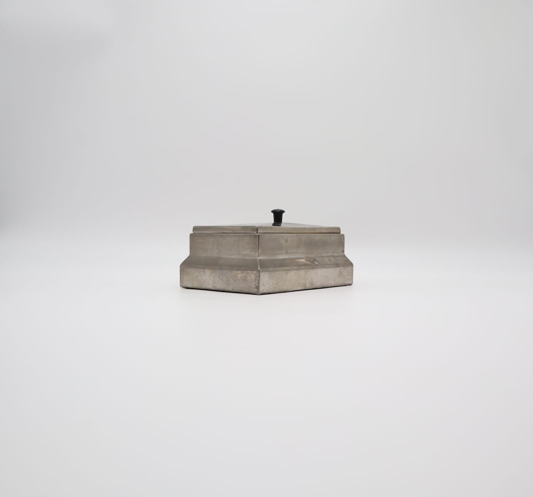 Art Deco Stepped Pewter Cigar Box with Bakelite Finial, 1930s — side angle