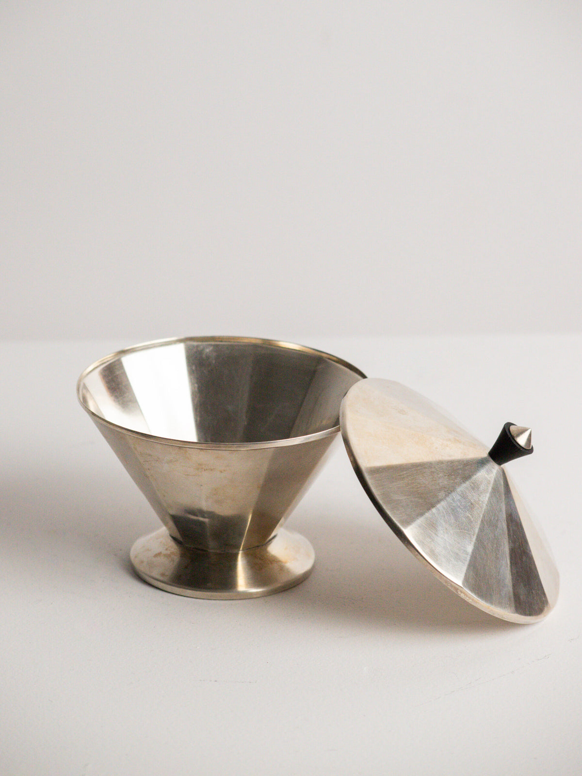 Wellner Faceted Conical Lidded Sugar Bowl in Silver-Plated Alpacca, German Art Deco, 1930s — lifestyle setting