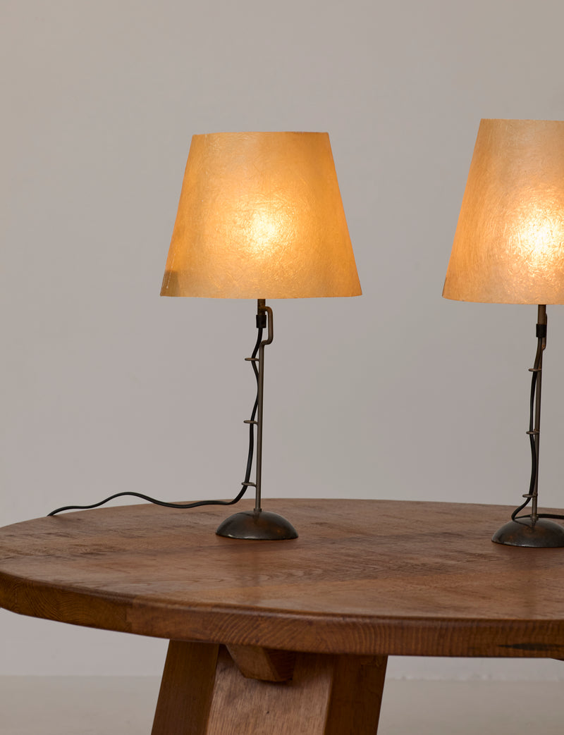 Mid Century Table Lamps with Sculptural Metal Base and Artisanal Fiberglass Shades by DIG IN JAPAN | The Oblist