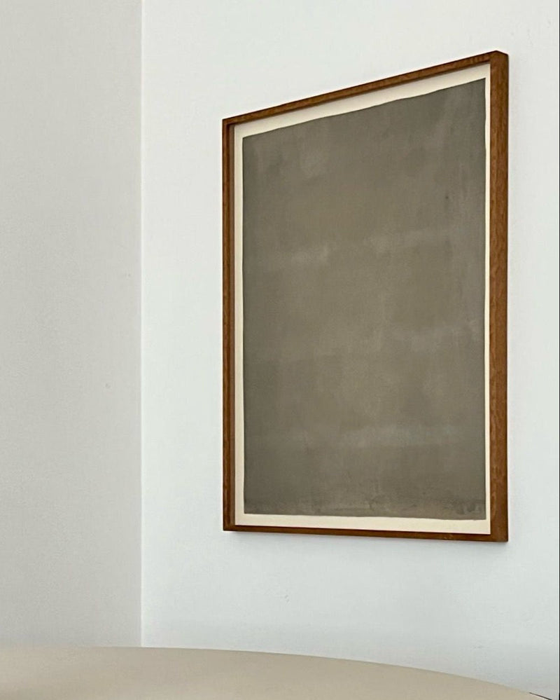 Deep Celadon abstract painting in wooden frame on white gallery wall