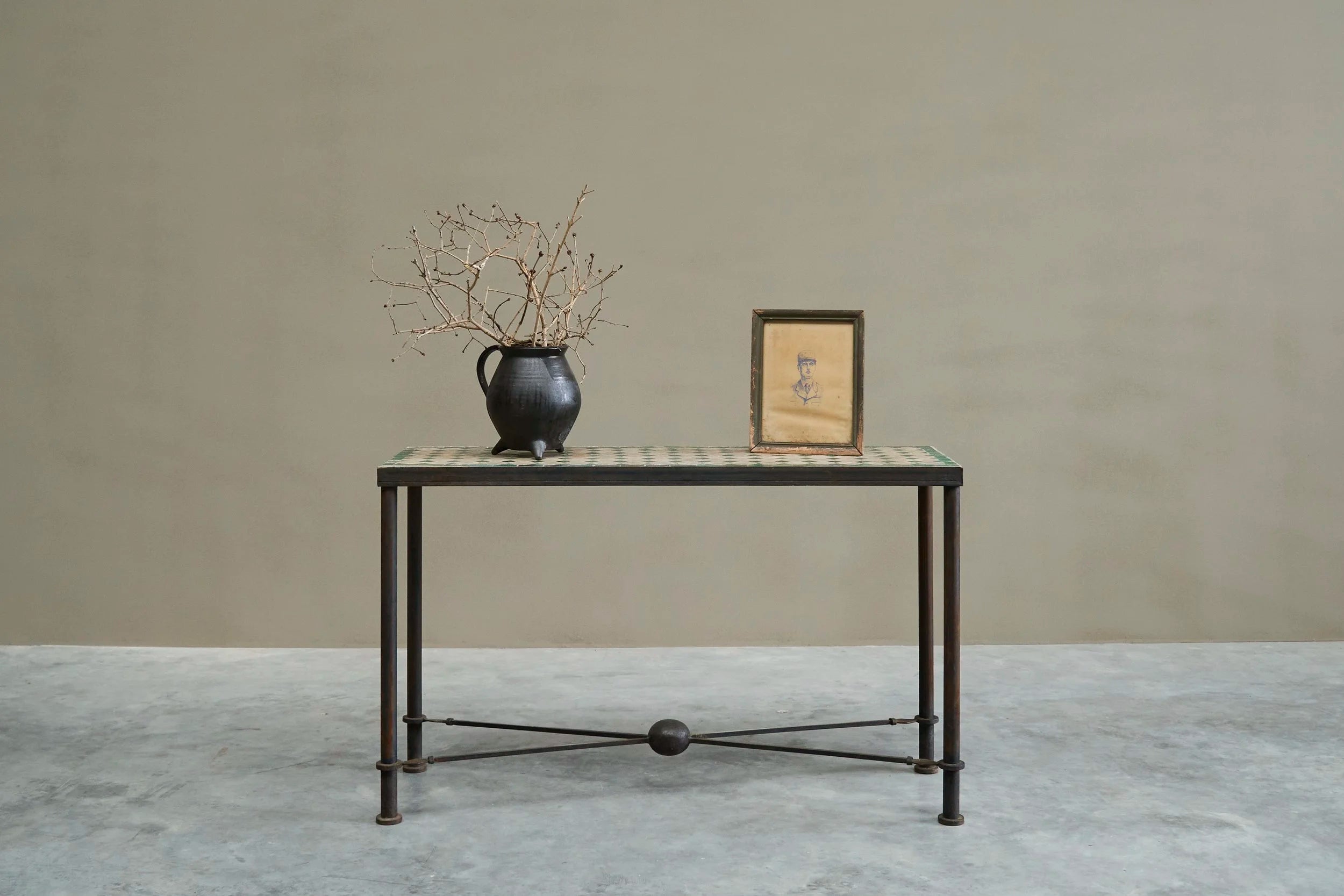 Art Deco Jean-Michel Frank Style Console Table in Patinated Iron and Tiles, 1940s — alternate view