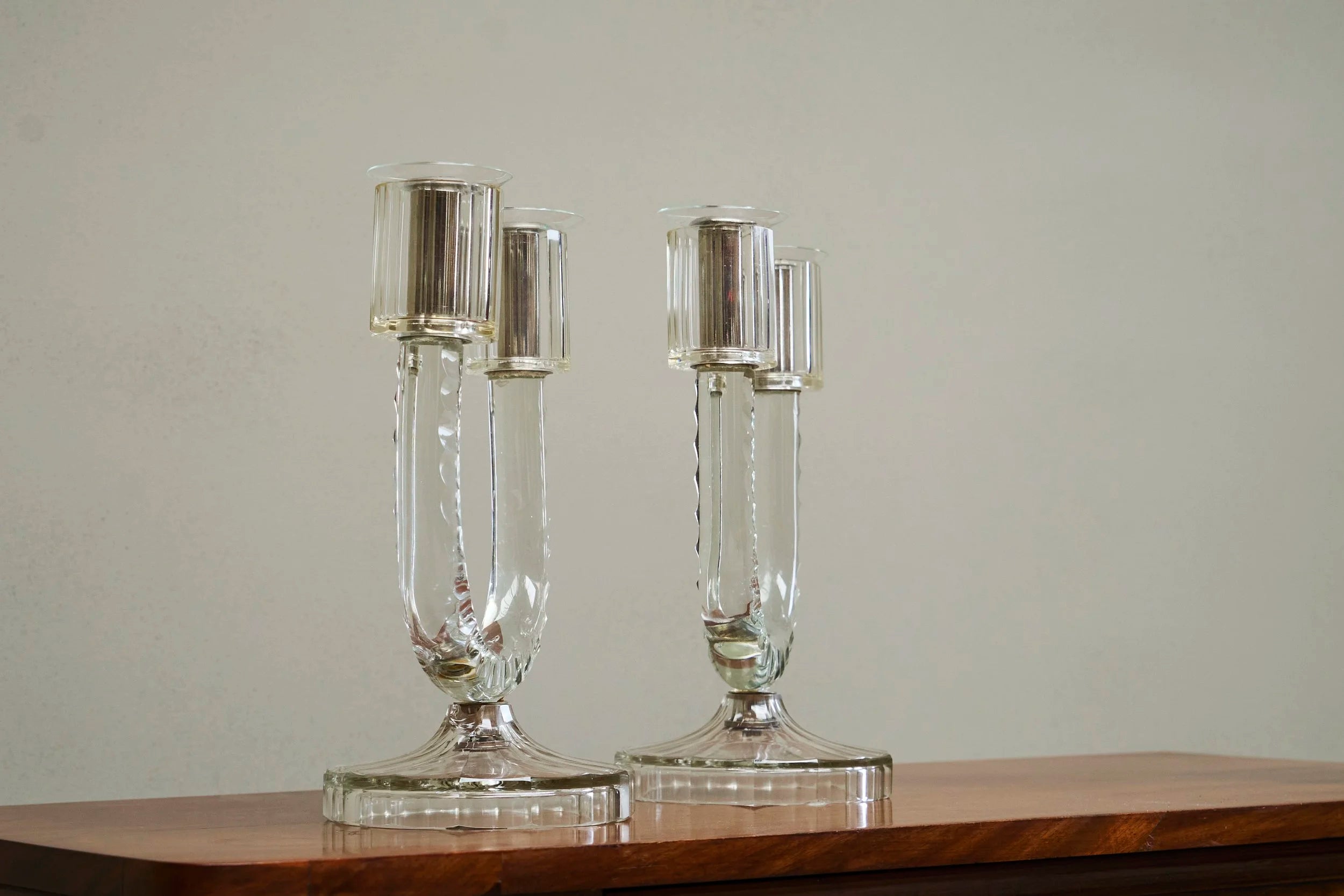 Wonderful Pair of Crystal Art Deco Candle Holders, France 1930s — additional view