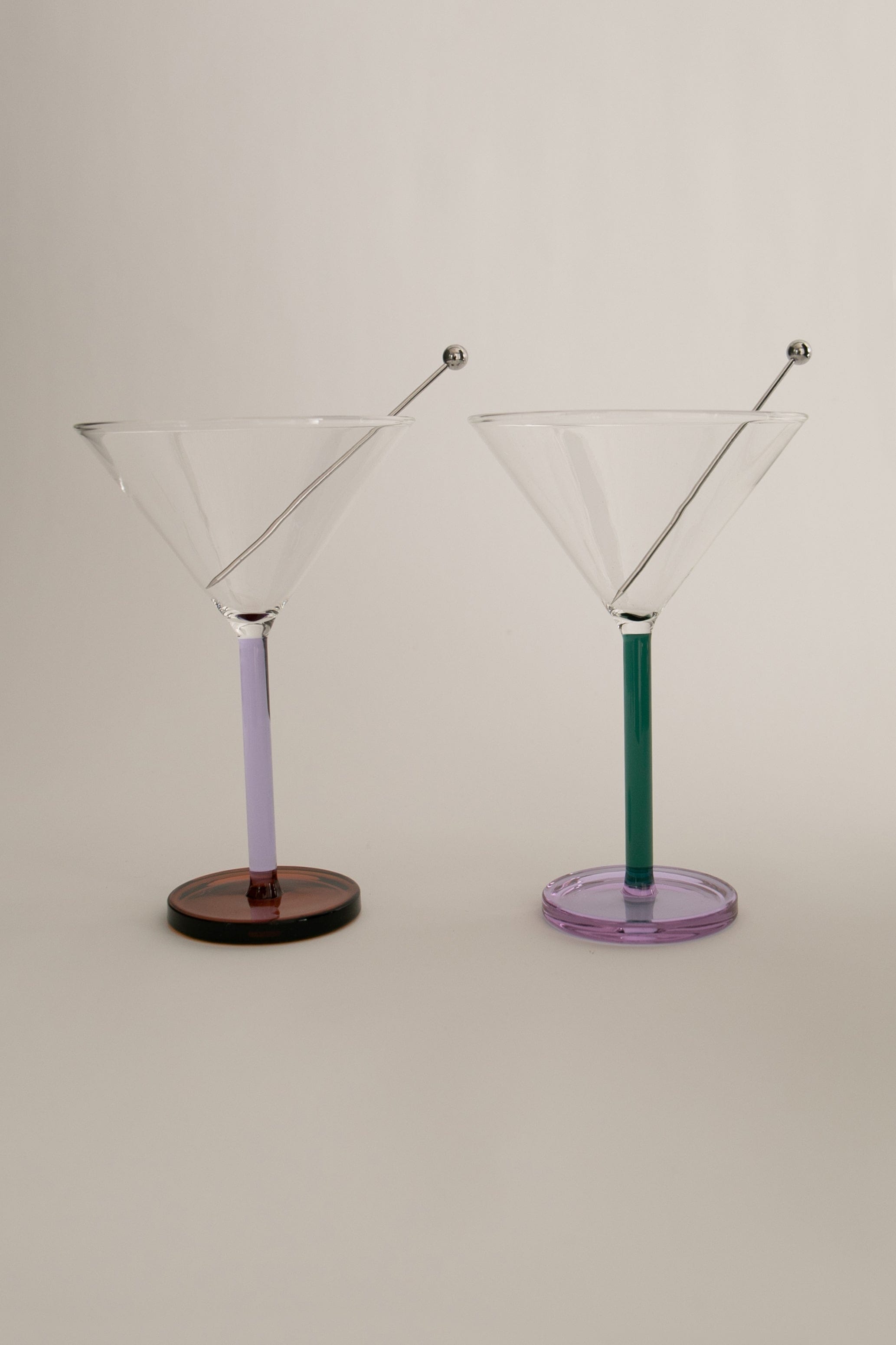 Piano Cocktail Glasses — close-up of colored glass bases