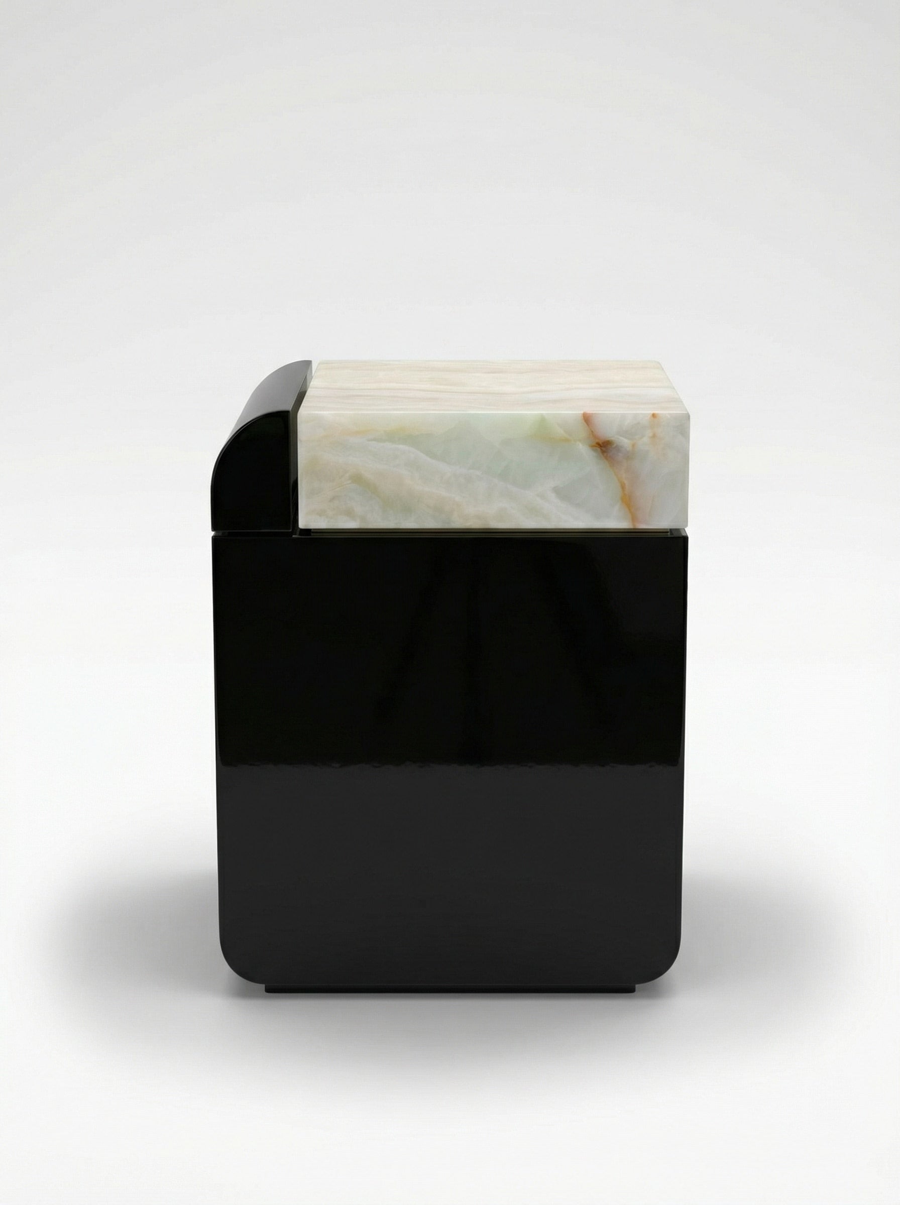 Amo Black Lacquered and Green Onyx — side angle showing onyx top and lacquered base