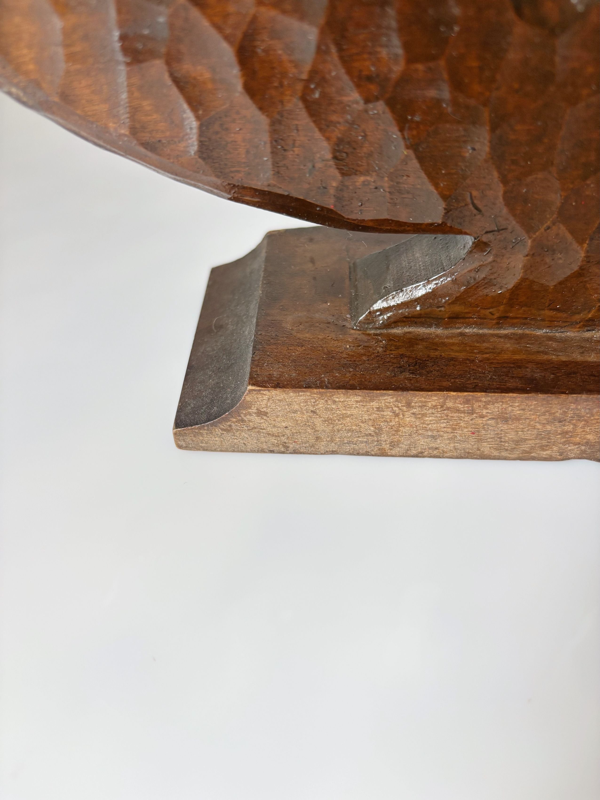 Handcarved Wooden 5 Arm Candelabra, Sweden — close-up of textured wooden base