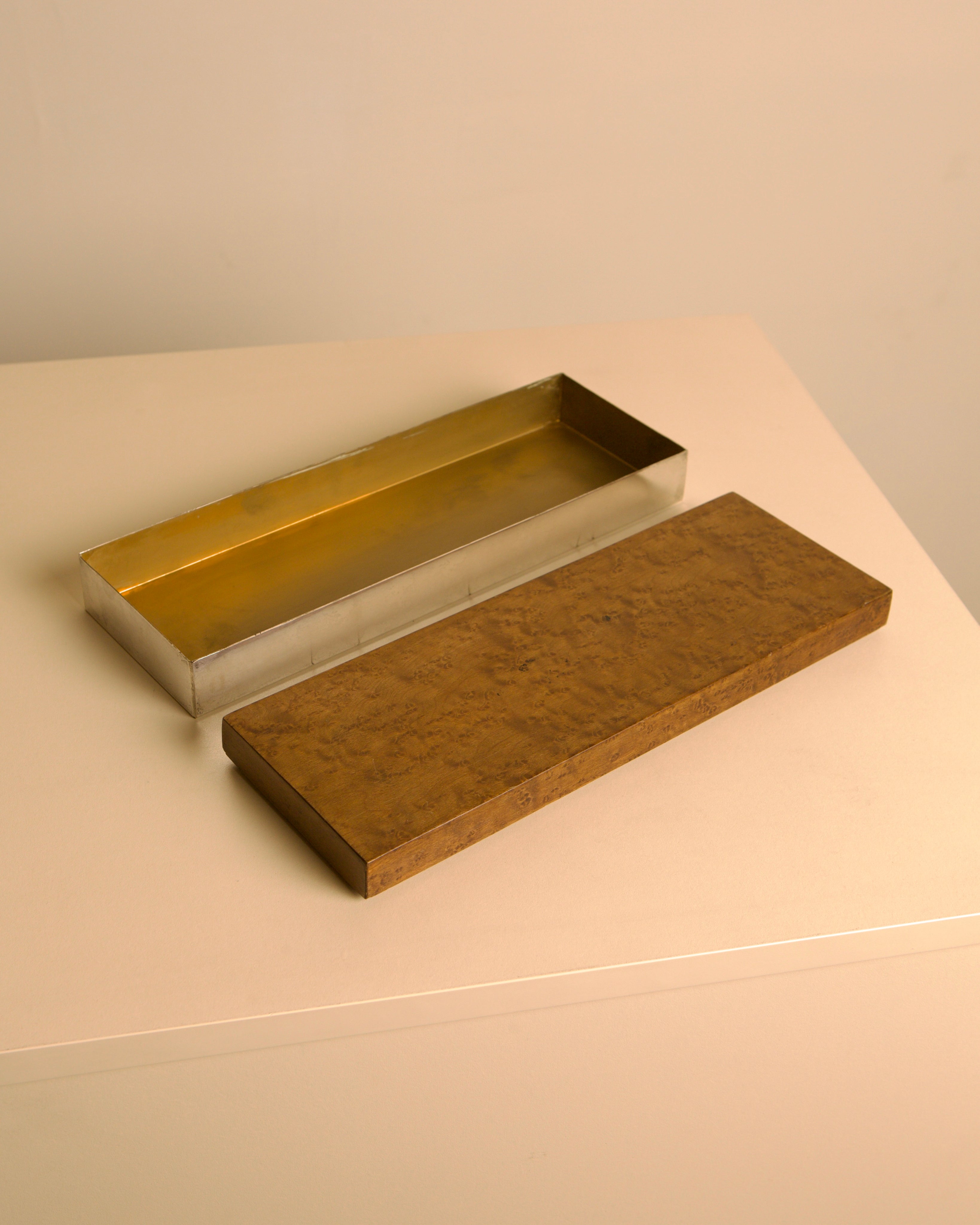 Vintage Italian Burl Walnut and Silvered Metal Box, 1960s — lifestyle setting