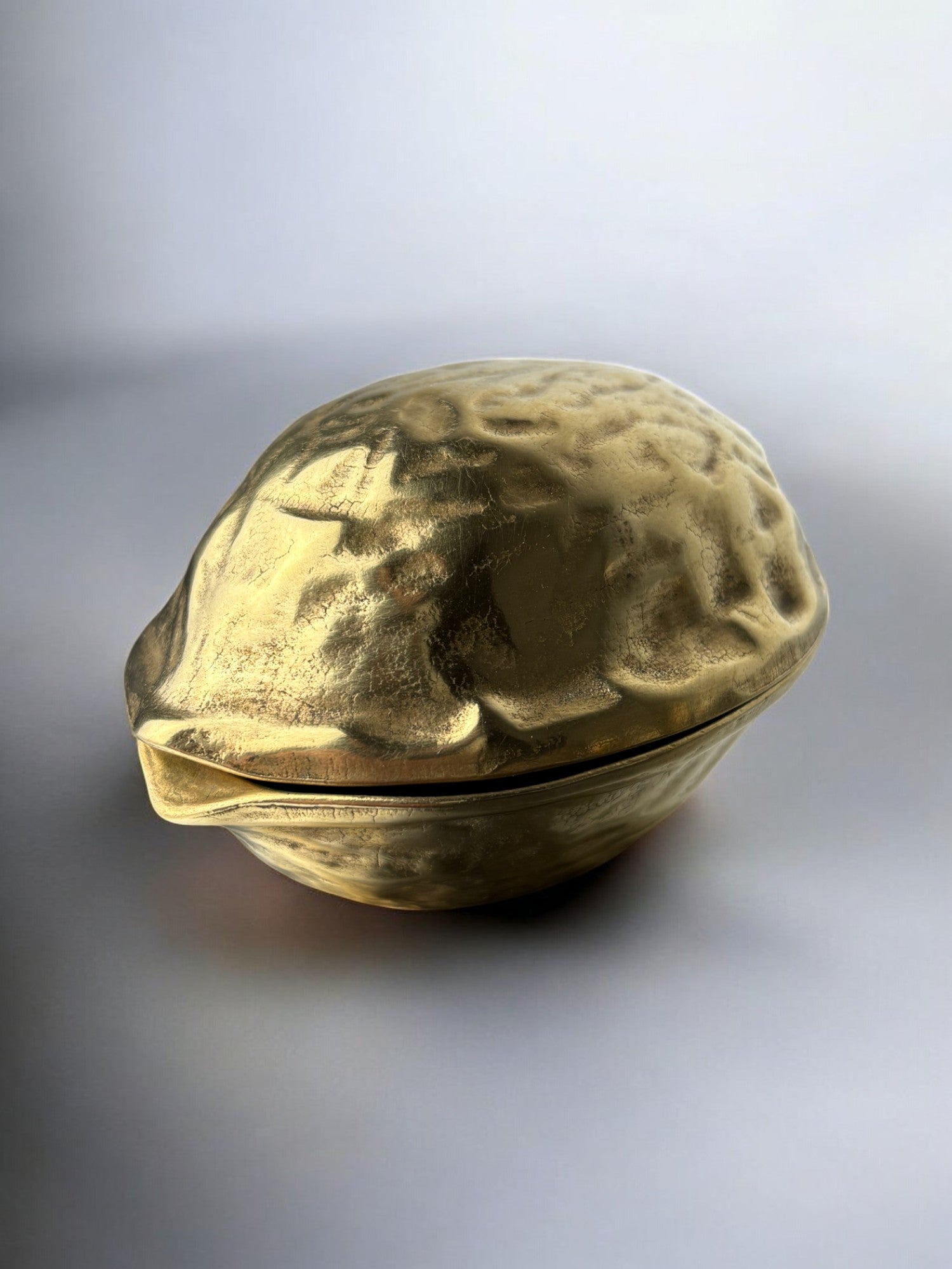 Walnut Shaped Nut Cracker in Brass, Italy 1970s — side angle showing textured brass finish