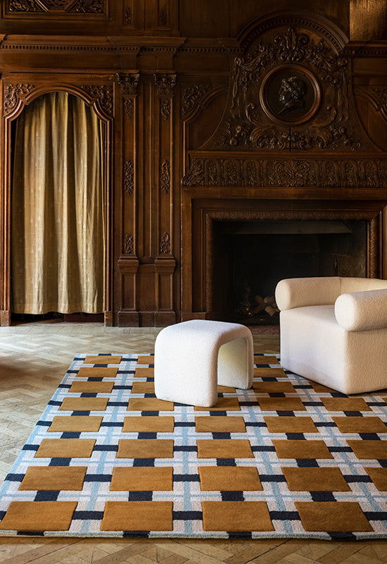 'Ochre Fields' Handmade Wool Rug by Evelina Kroon — side angle