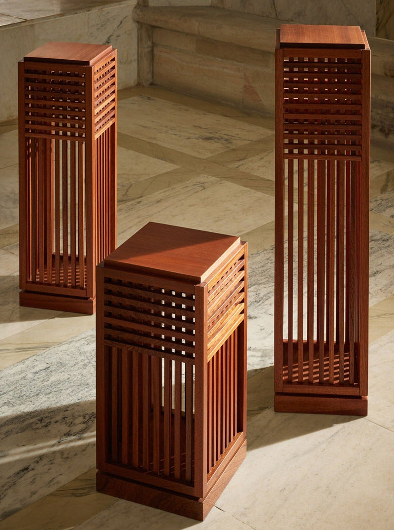 Riviera Plinth Medium in Oiled African Mahogany — close-up of slatted design on side table