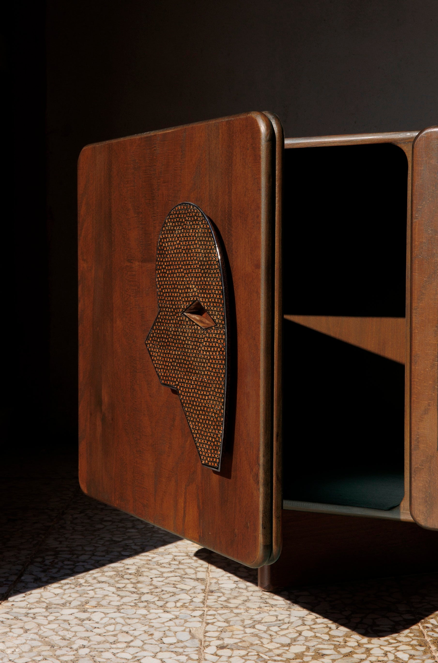 MA I Sideboard – Walnut Finish, Khatam Marquetry Credenza — close-up of door detail with marquetry design