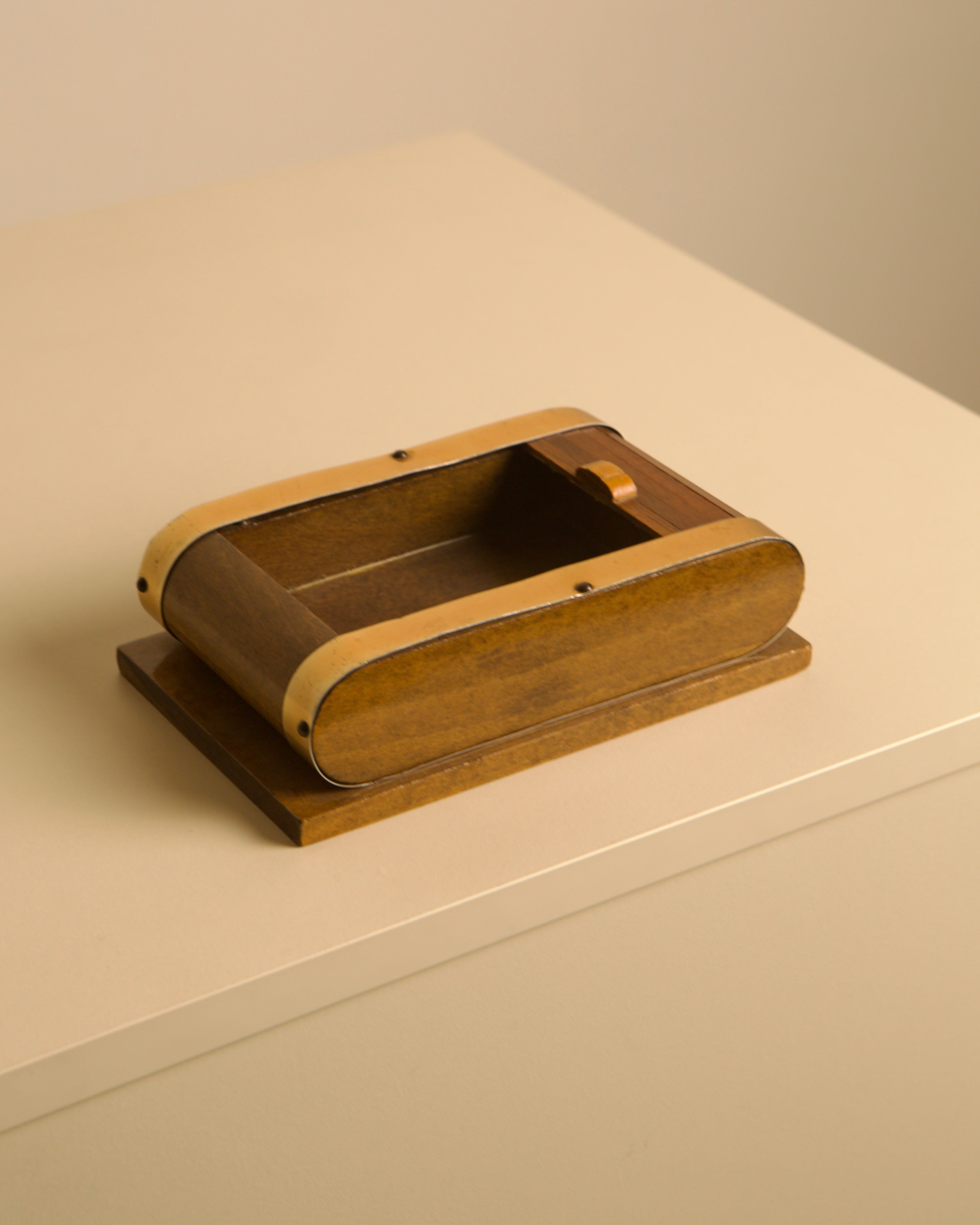 Italian Sliding Wood and Brass Box, 40s — top view on neutral surface