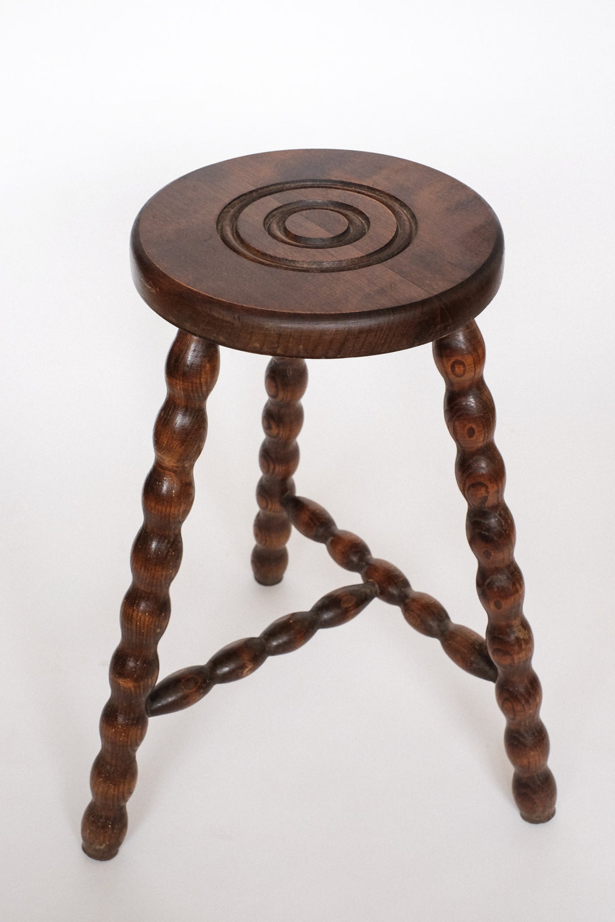 Charming Vintage French Bobbin Leg Wooden Stool — alternate view