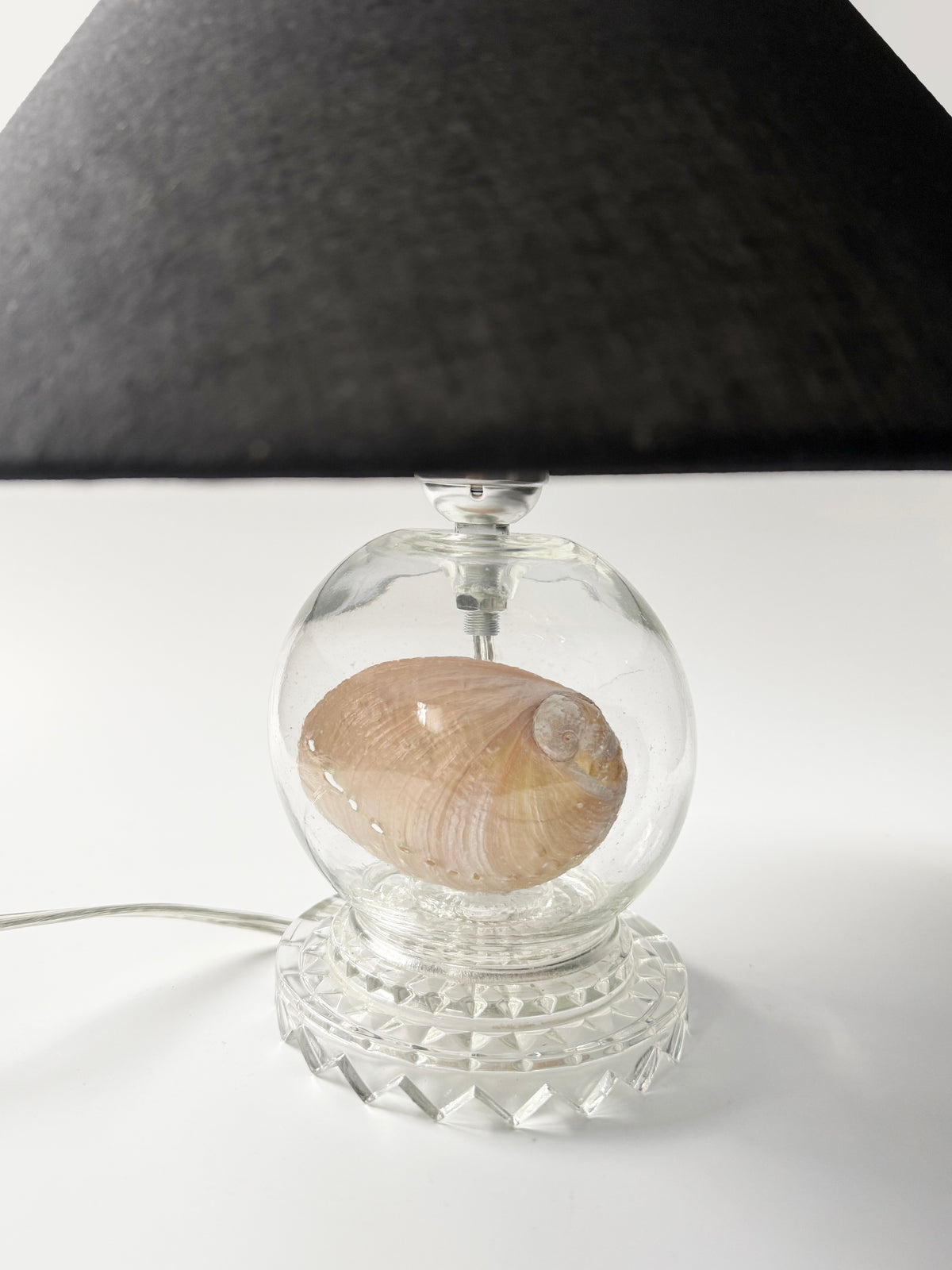 Deco Pressed Glass Lamp with Shell and Custom Linen Shade — lifestyle setting
