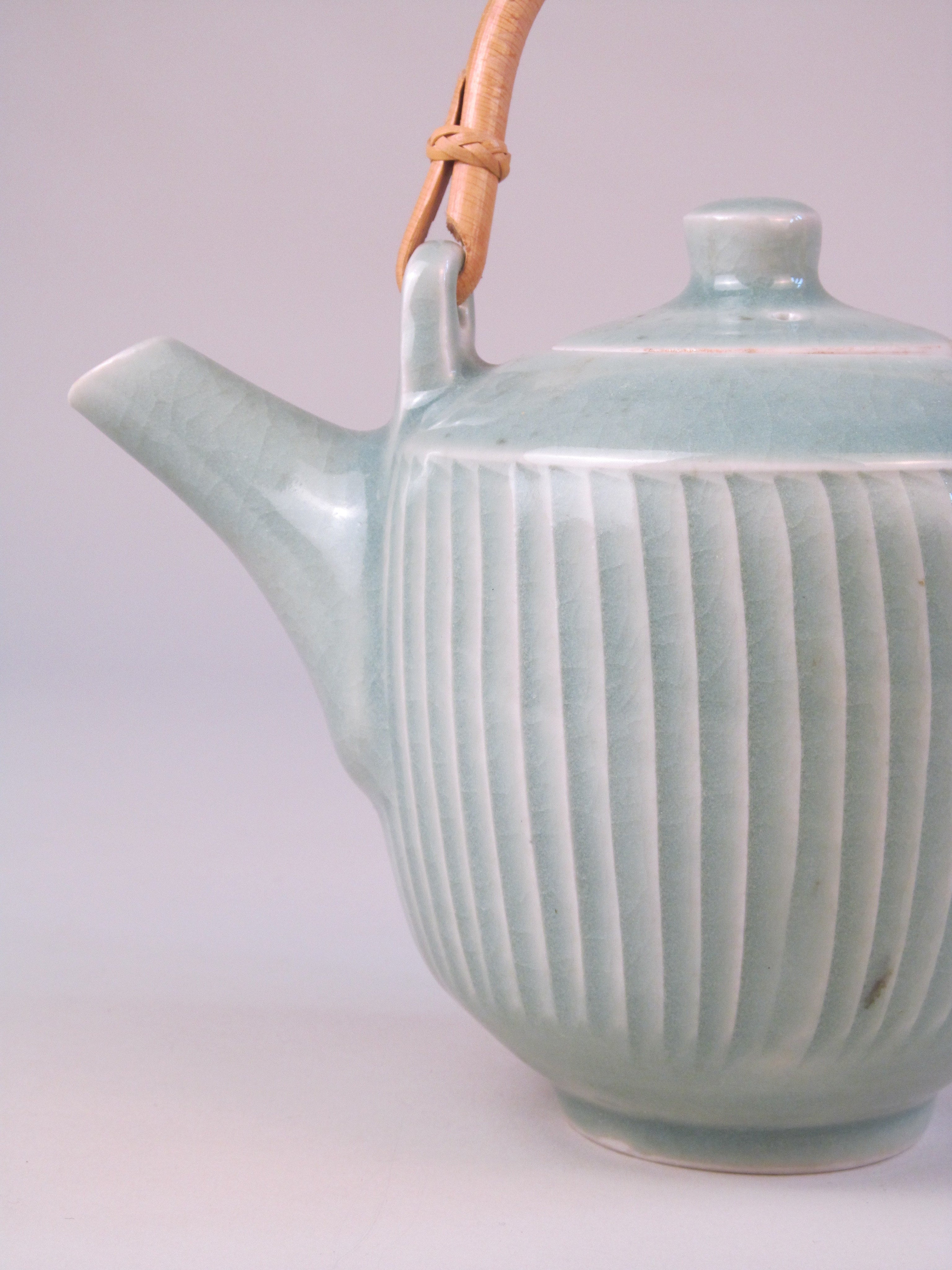 David Leach (1911-2005) Celadon Ribbed Teapot — side angle showing ribbed ceramic texture