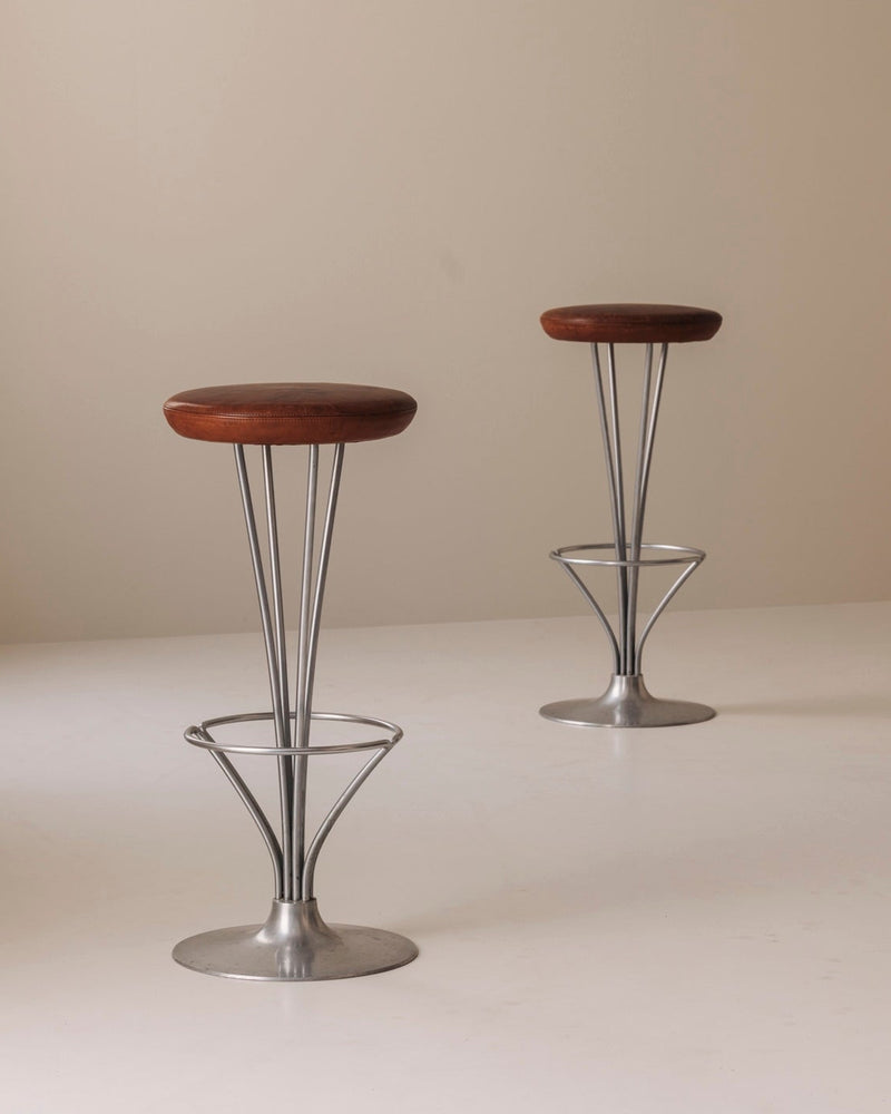 Set of Two Bar Stools in patinated leather by Piet Hein for Fritz Hansen, Denmark, 1960s by Modern Living