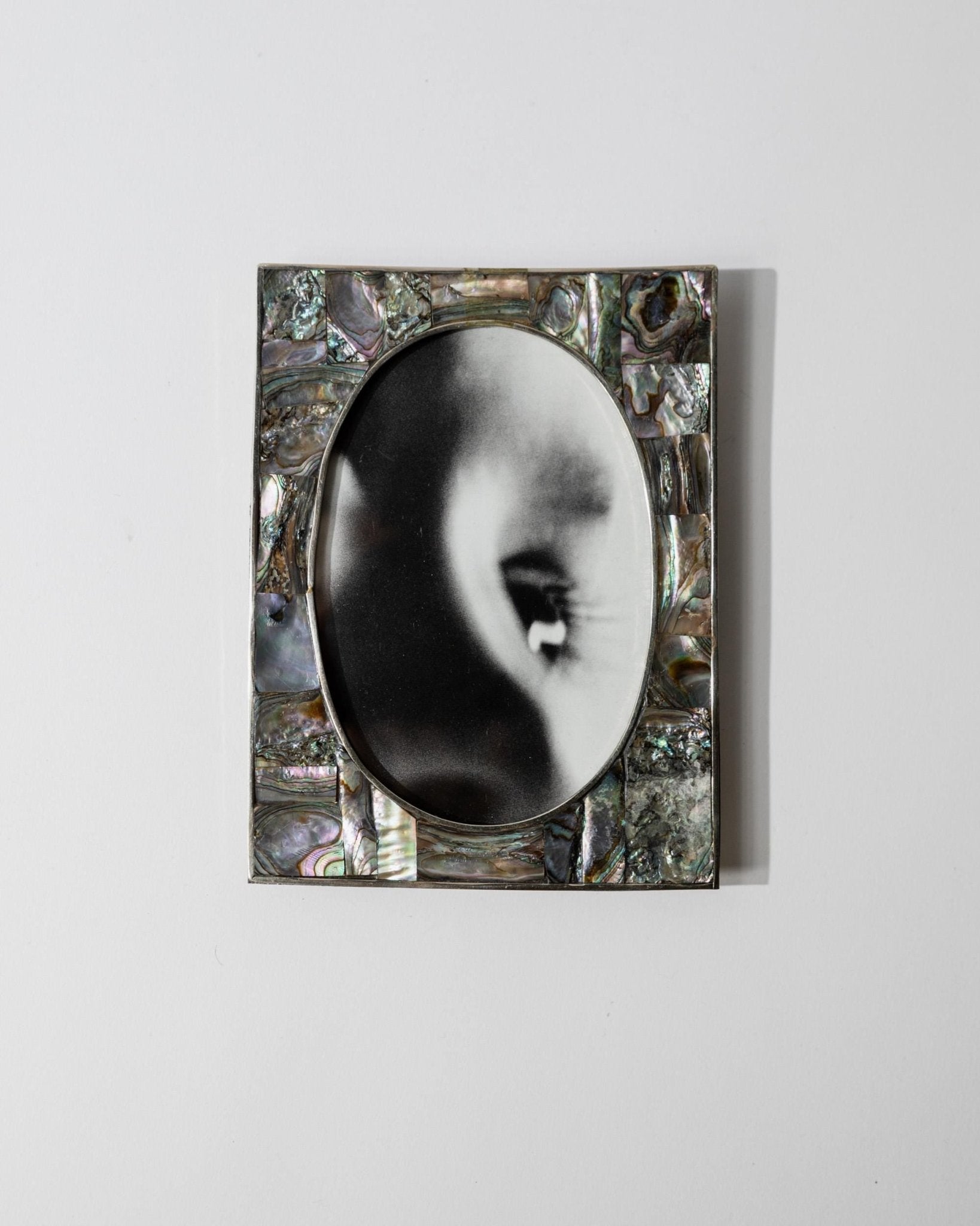 Vintage 1950s Alpaca Silver Picture Frame, Mother of Pearl Details with Oval Photo Opening, Elegant Table Accent, Timeless Gift Idea — detail view