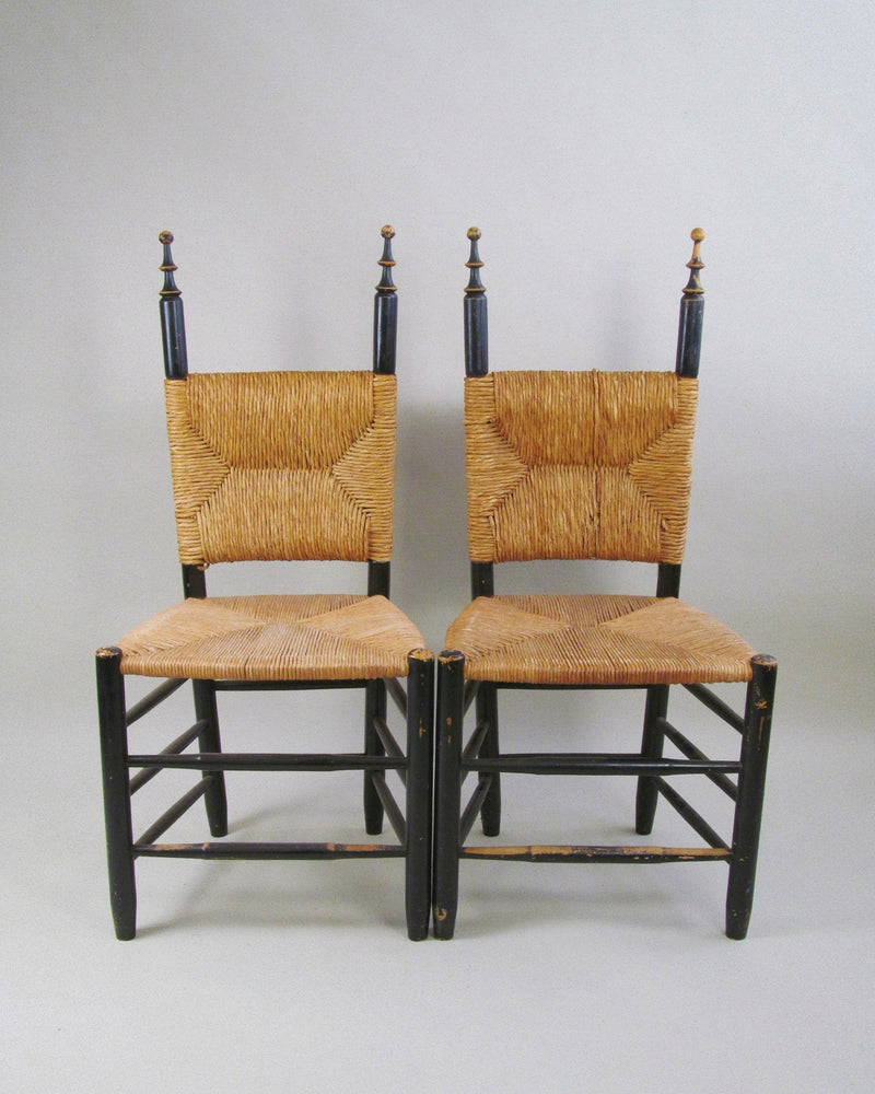 Set of Four European Rush-Back Chairs c.1950 by Myakin | The Oblist — handcrafted rush seat, black finish