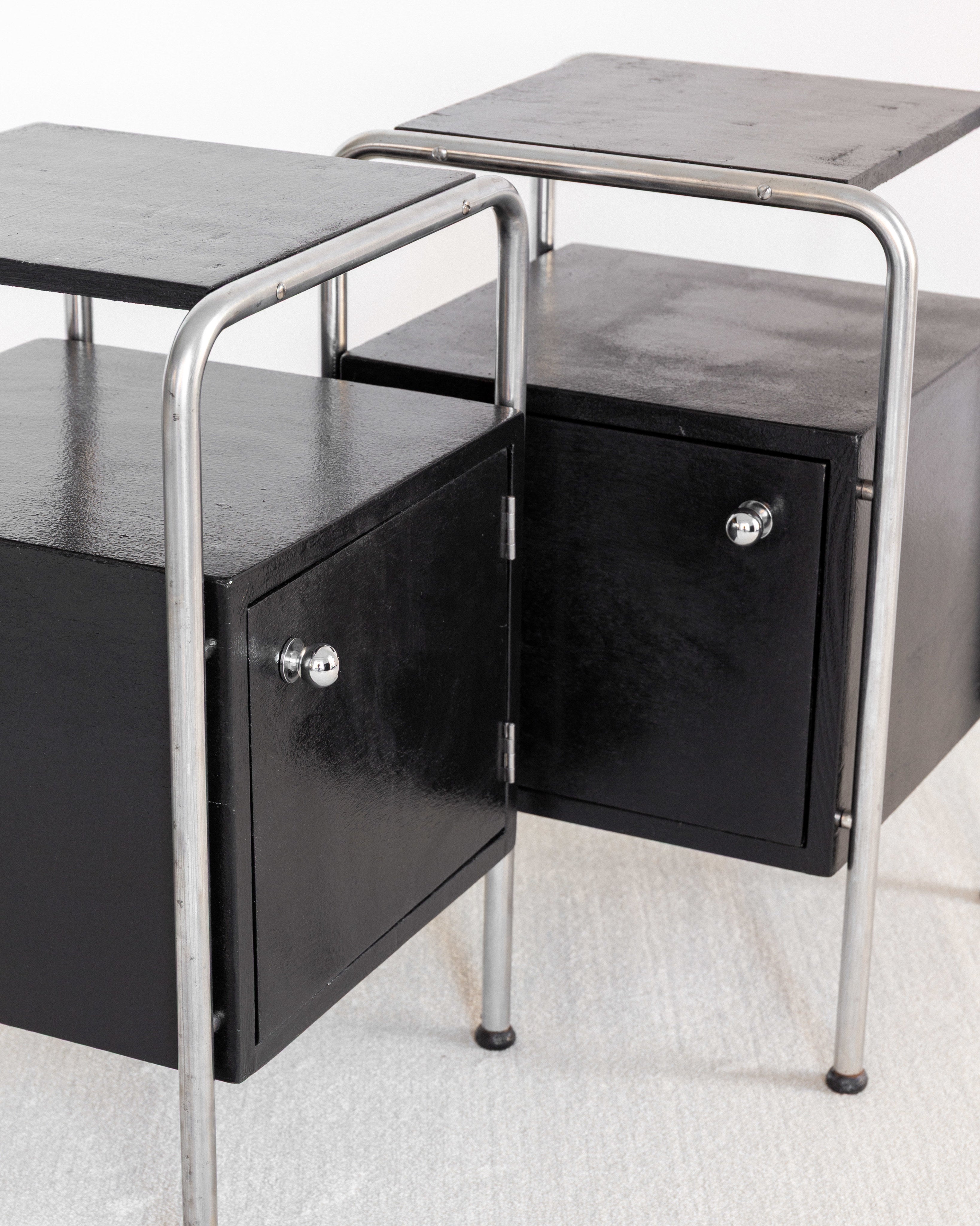 Pair of Functionalist Nightstands, Sweden 1930s — top view showing black wood and metal frame